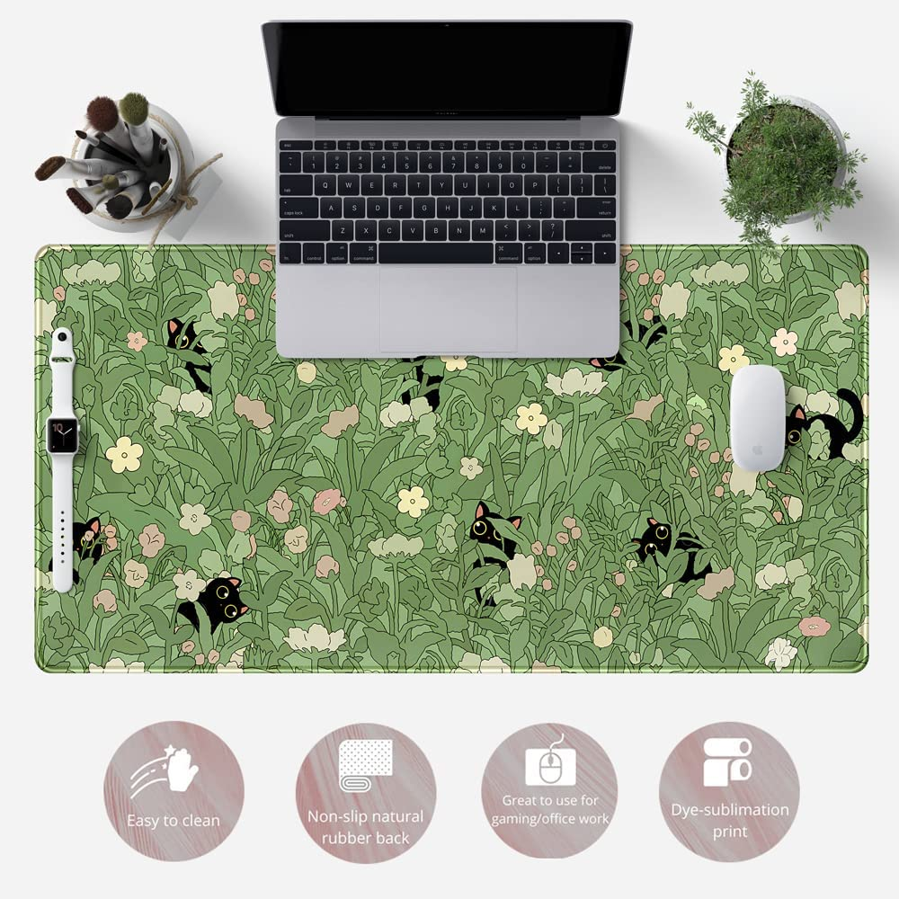 Green Mouse Pad XL Cat Cute Plant Cool Keyboard for Desk, Mat Kawaii Black Flower Desk Decor with Stitched Edges Non-Slip Large Computer 31.5X15.7In, B-Cat in the Meadow image number 6