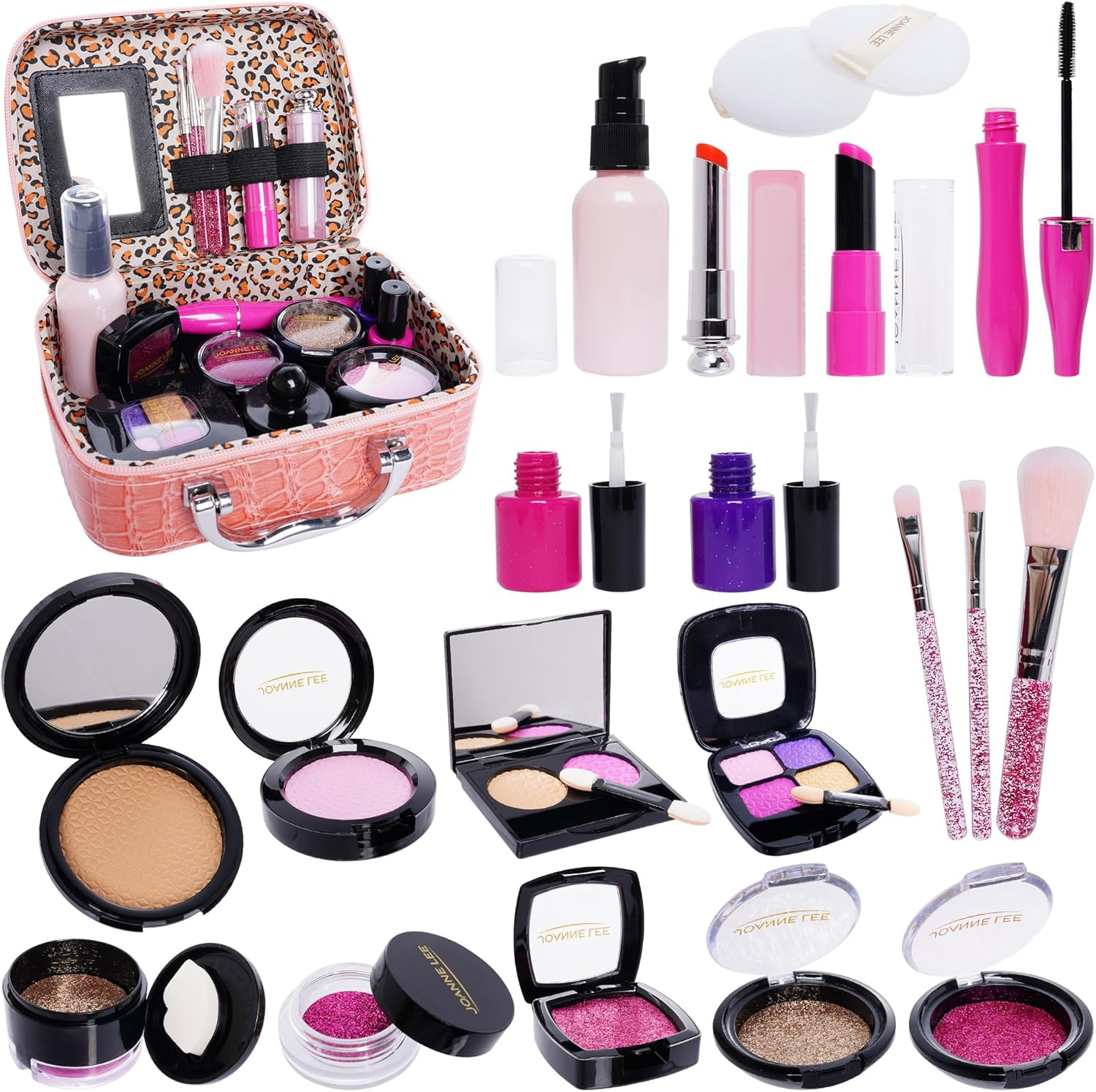 Pretend Makeup Kit for Girls Kids Pretend Play Makeup Set with Exquisite Leather Bag and Gift Box for Birthday Christmas Age 3+ (Not Real Makeup) (21Pcs Pink Kit) image number 2