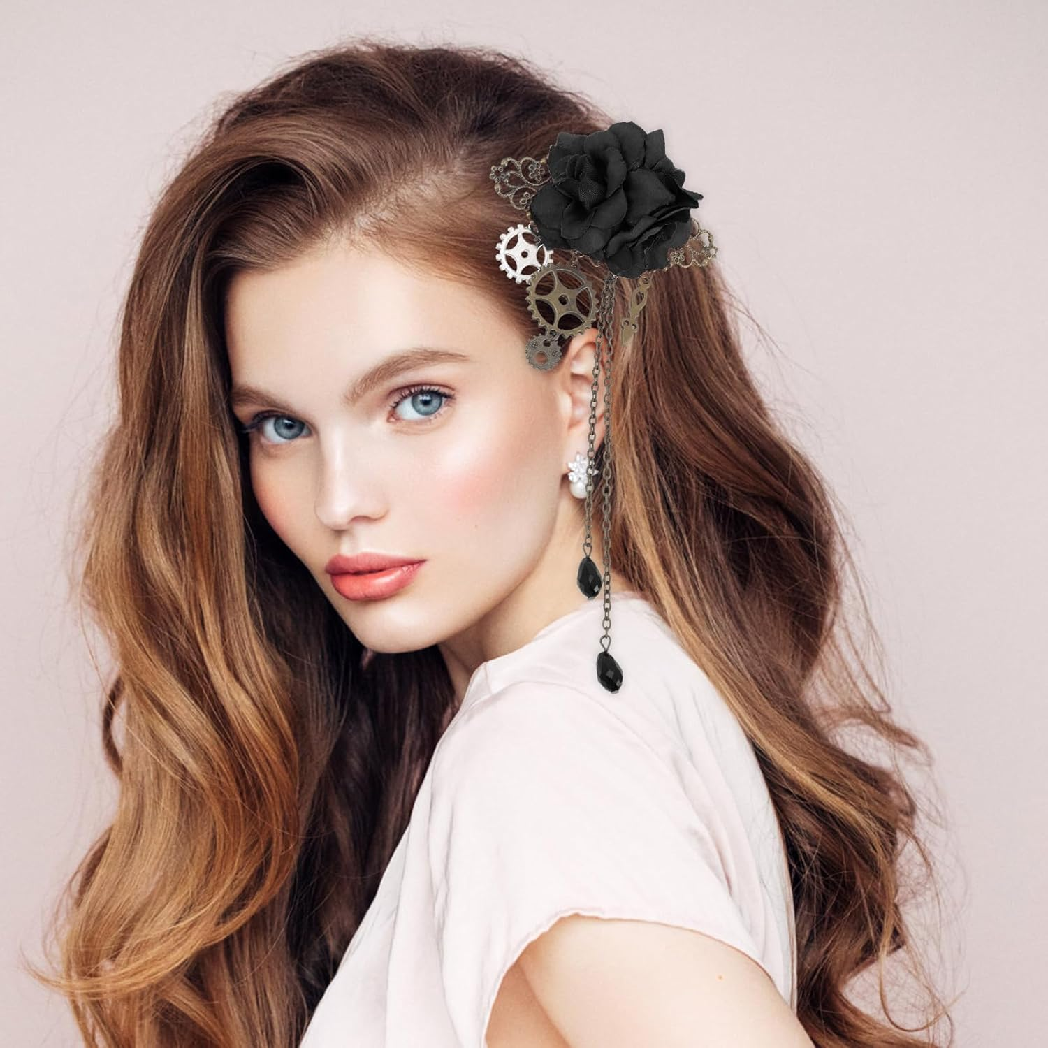 Ipetboom Steampunk Style Hair Clip - Gothic Hair Accessories with Tassels - Decorative Brooch - Vintage Punk Mechanical Hair Pin - Accessories for Hairstyles - Polyester Hair Clips with Floral Pattern image number 5