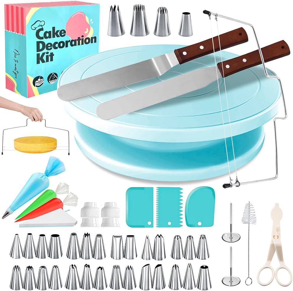 Cake Decorating Kit - 11-Inch Rotating Cake Turntable, 28 Piping Tips, 2 Icing Spatulas & 3 Scrapers, 20 Piping Bags and Other Cake Decorations, 62Piece Complete Set for Beginners