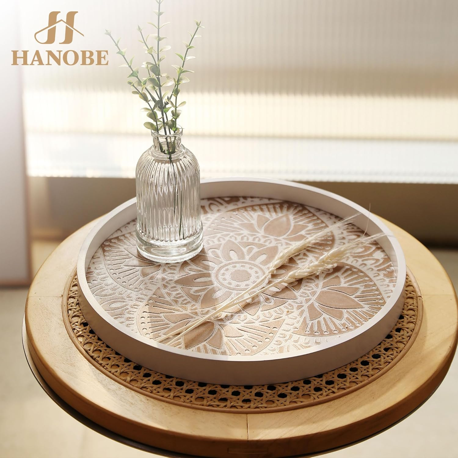 Hanobe round Wood Decorative Tray: Rustic Coffee Table Tray Farmhouse Tray Decor White Washed Centerpiece Wooden Serving Trays Rounded Tray for Kitchen Counter Boho Ottoman Tray for Home image number 6