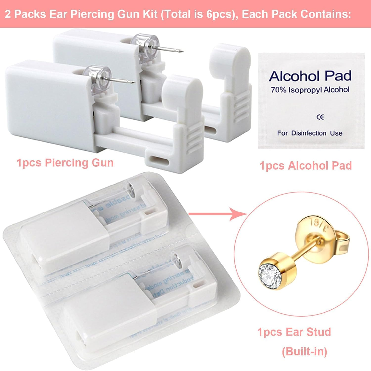 Lyuxzad Ear Piercing Gun Kit 6Pcs Disposable Ear Piercing Kit Including 2Pcs Self Ear Piercing Gun with 2Pcs Built-In Earrings Stud and 2Pcs Clean Tools for Ear Cartilage Piercing Kit(Gold) image number 5