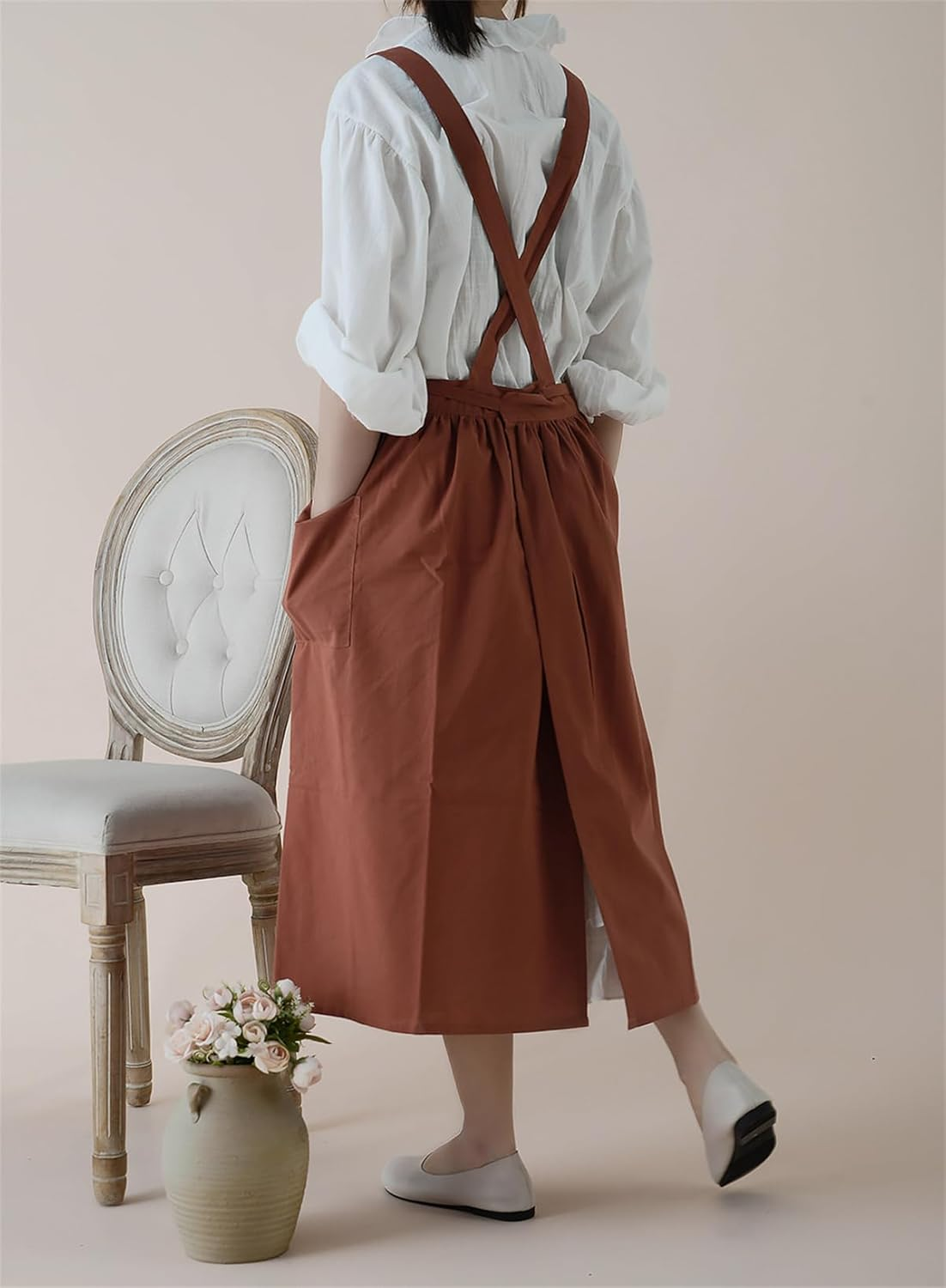 Cotton Solid Color Pinafore with Pockets Cross Back Straps Casual Bib Aprons Cooking Gardening Coffee Shop