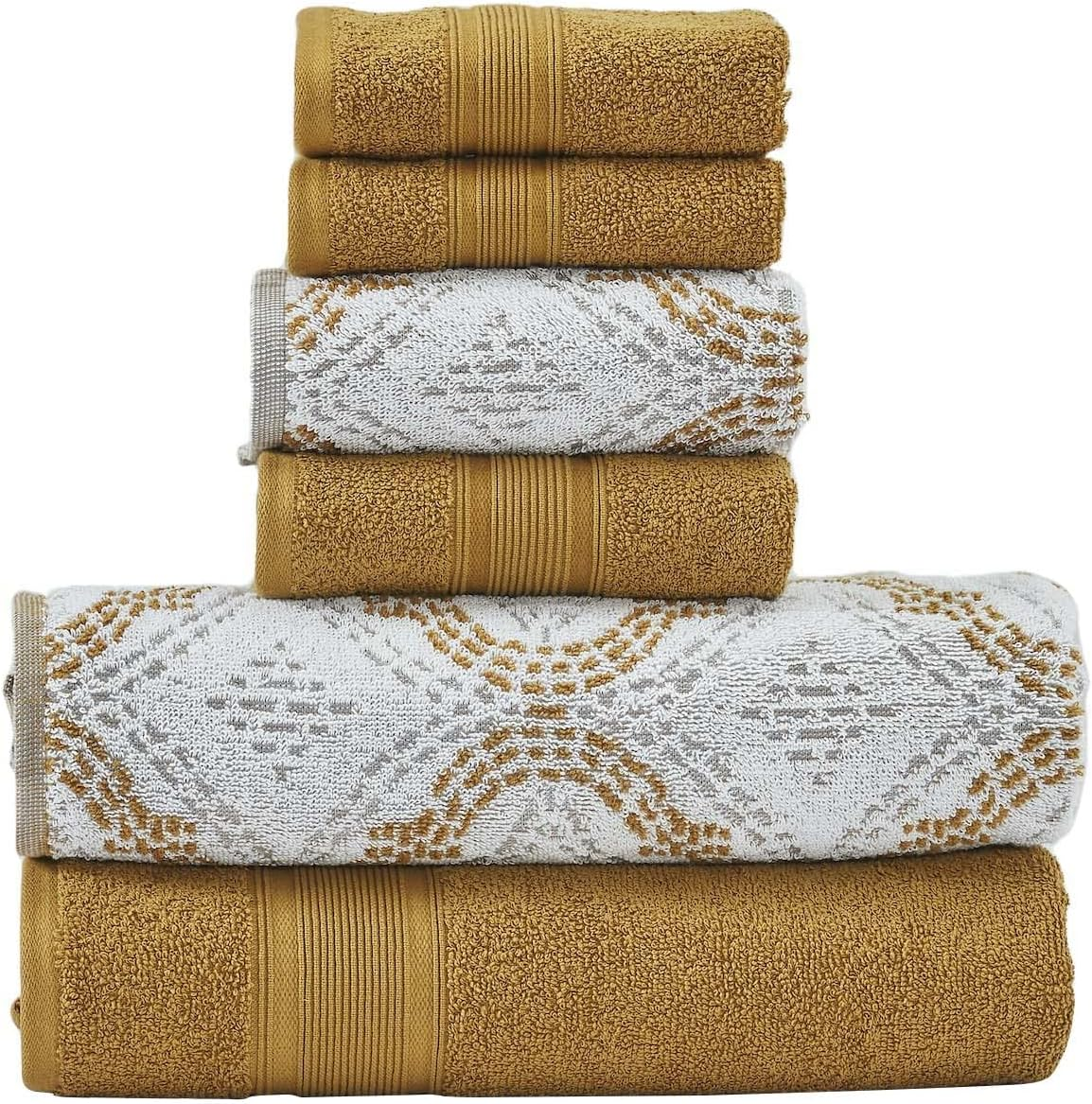 Modern Threads Capri 6-Piece Reversible Yarn Dyed Jacquard Towel Set - Bath Towels, Hand Towels, & Washcloths - Super Absorbent & Quick Dry - 100% Combed Cotton, Khaki