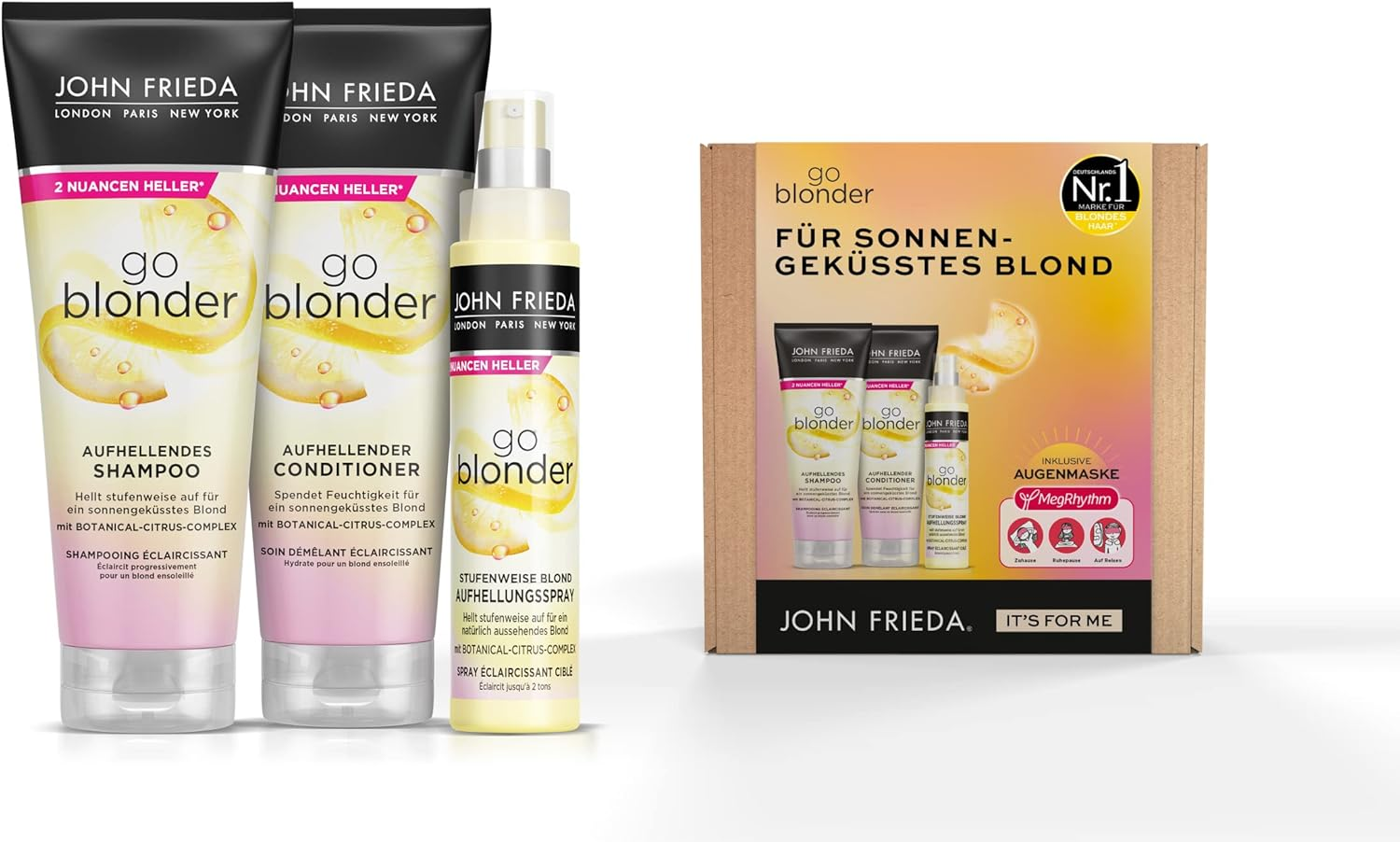 John Frieda Go Blonder Value Set for Blonde Hair - Shampoo, Conditioner, Whitening Spray & Free Megrhythm Eye Mask - Gradually Brightens - Also for Colour-Treated Hair image number 3