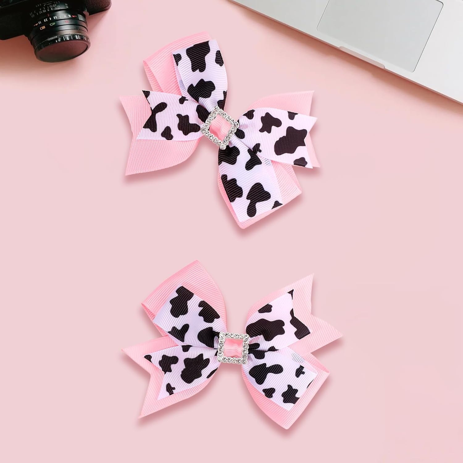 JDFHFGB 2 Pcs Cute Bowknot Hair Clips, Pink Hairpin with Cow Print and Bling Rhinestone Decorated Hair Accessories Clips for Baby Grils Teen Women ，- 4.3" Alligator Barrettes with Ribbon Bows for Cowgirl Parties