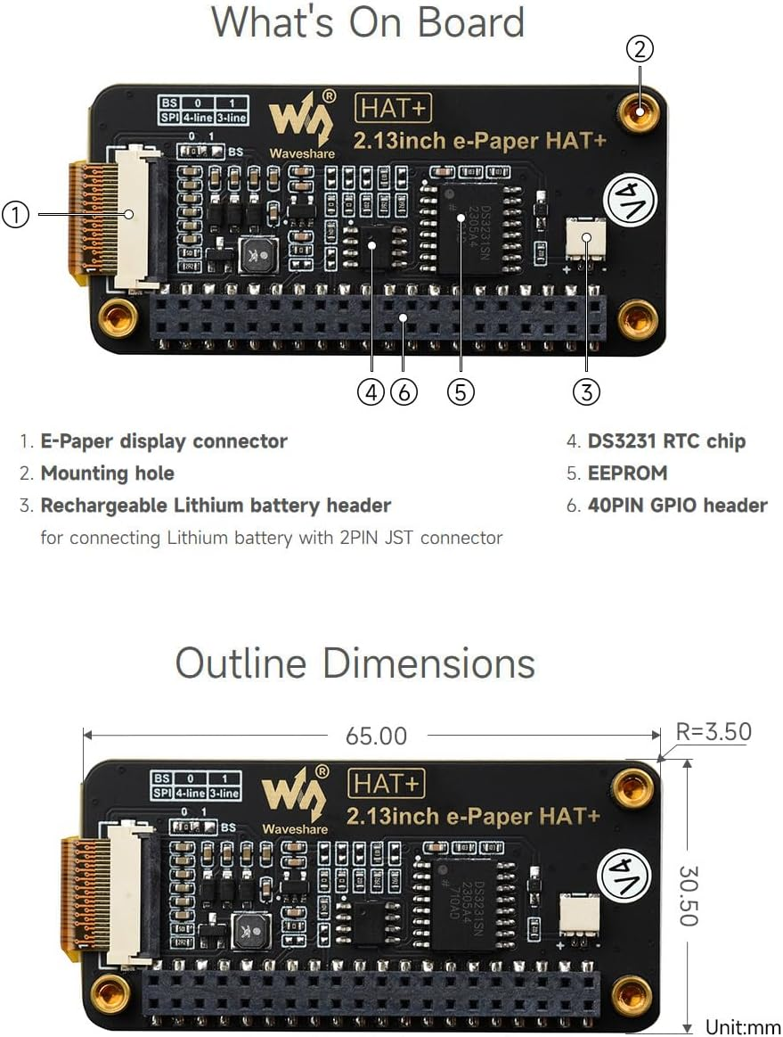 Waveshare 2.13Inch E-Paper,For Raspberry Pi 5/4B/3B+/3B and Raspberry Pi Zero W/2W Series Boards,Pwnagotchi Screen/E-Ink Screen for Pwnagotchi Kit,Spi Interface, HAT+ Standard image number 1