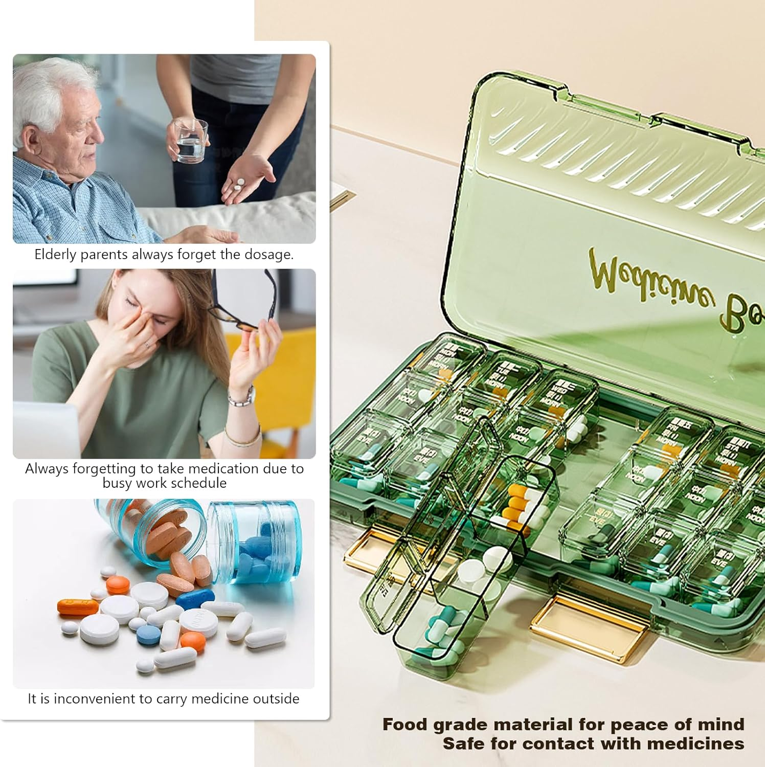 7-Day Pill Organiser Weekly |3-Times-A-Day| Portable Pill Box 7 Day (Green, 24X14X3Cm) - Green image number 2