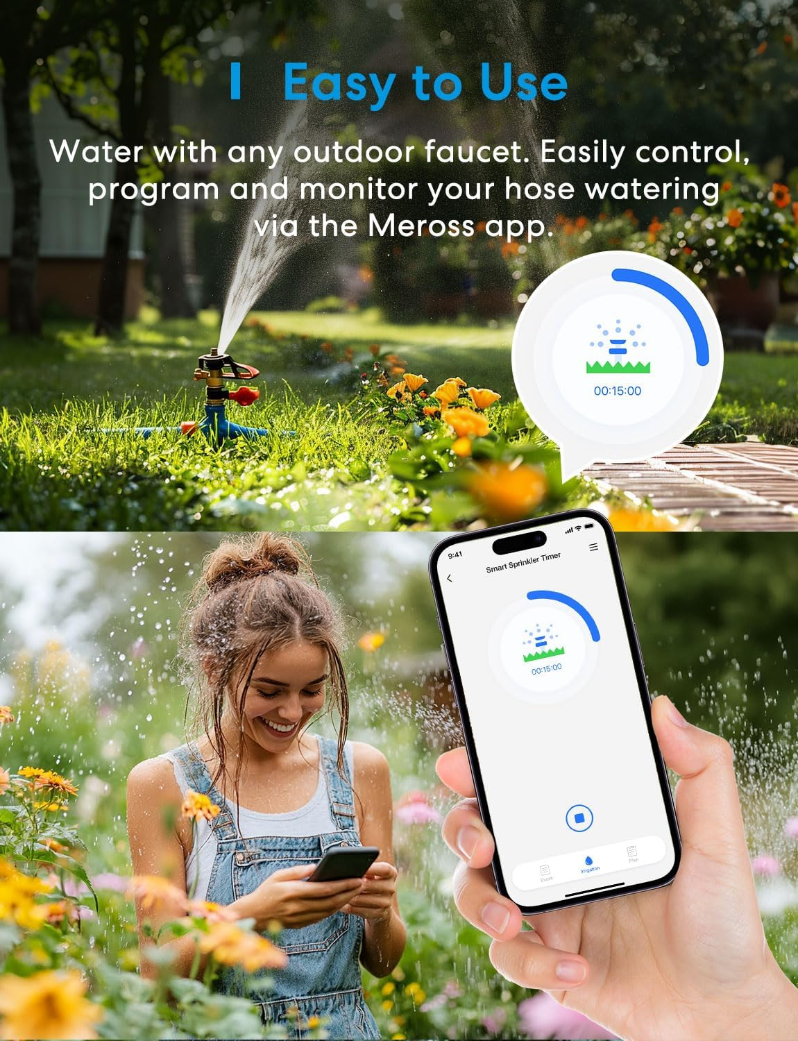 Meross Wifi Water Timer for Garden Hose, Smart Sprinkler Timer Works with Alexa, Google, Apple Homekit, IP65 Water Valve Controller with Auto Watering/Rain Skip/Alert for Drip Irrigation System, Lawn image number 2