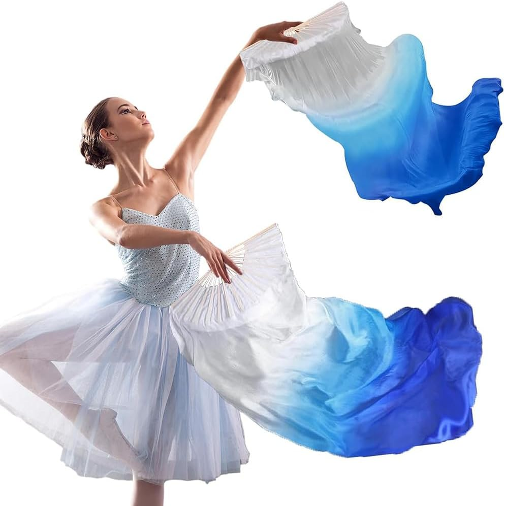 Silk Belly Dance Fan Veil, 1 Pair Long Folding Fans, Bamboo Fan for Belly and National Dance image number 2