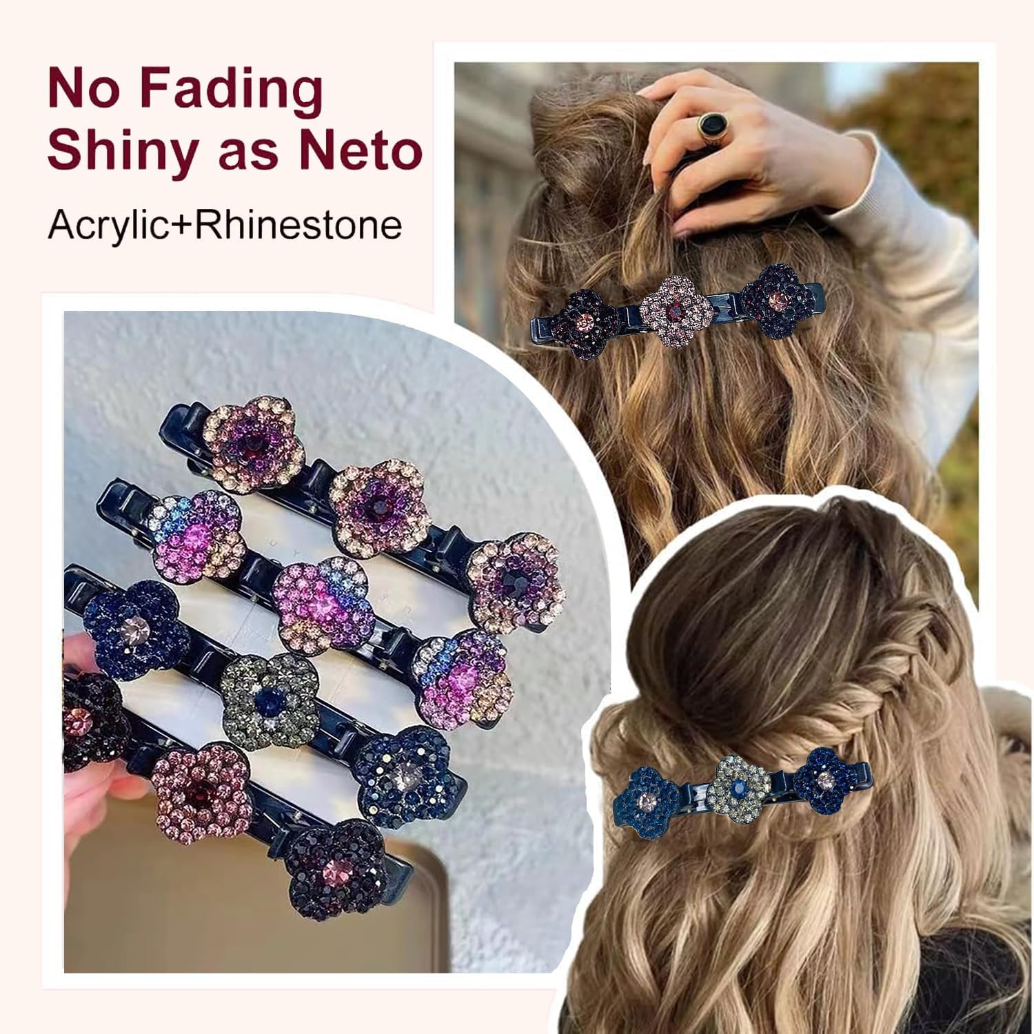 Pack of 4 Sparkling Crystal Stone Braided Hair Clips, Shiny Rhinestone Hair Clip, Elegant Hair Styling Clips, Hair Clips Women, Hummingbird Hair Clip with Crystal Flower for Women Girls (B) image number 4