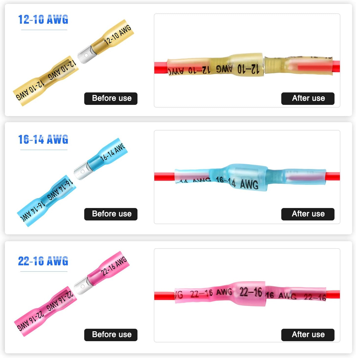Nilight - 50027R 250 PCS Heat Shrink Spade Connectors Quick Disconnect Wire Connectors Electrical Spade Terminals Heat Shrink Fully Insulated Male and Female Wire Spade Connectors image number 2