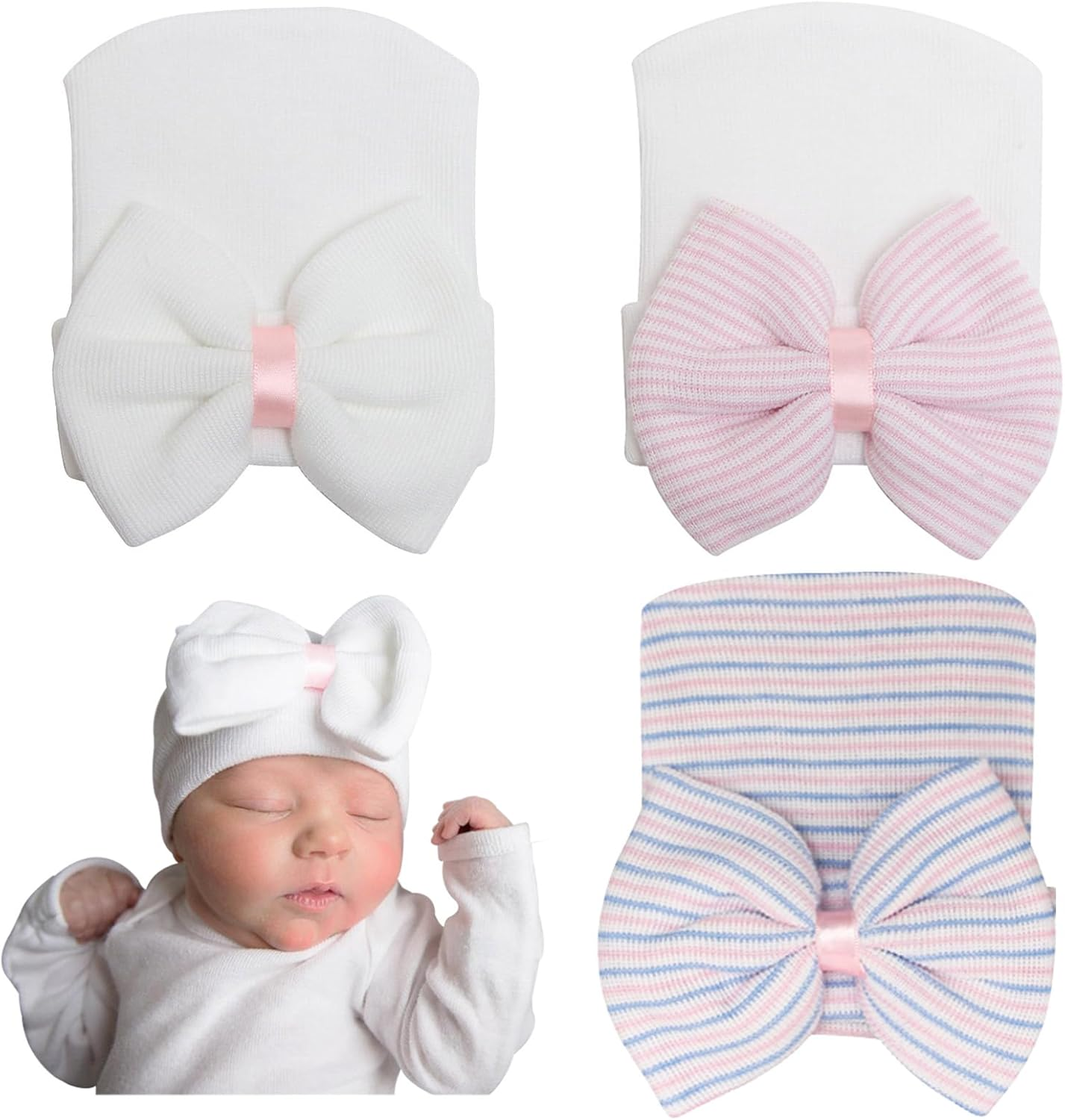 AQOKKA 3 Pack Newborn Hospital Hat Infant Baby Hat Cap with Big Bow Knit Ribbon Soft Cute Nursery Beanie 0-3 Month