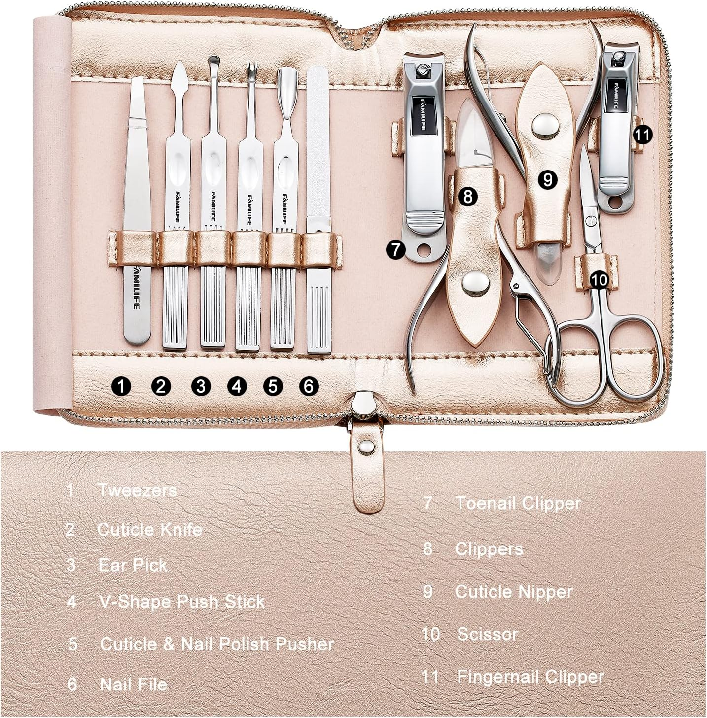 Manicure Set, FAMILIFE Professional Manicure Kit Nail Clippers Set 11 in 1 Stainless Steel Pedicure Tools Kit Grooming Kit with Portable Brown Leather Travel Case for Men (Gold) - Brown-1 image number 3