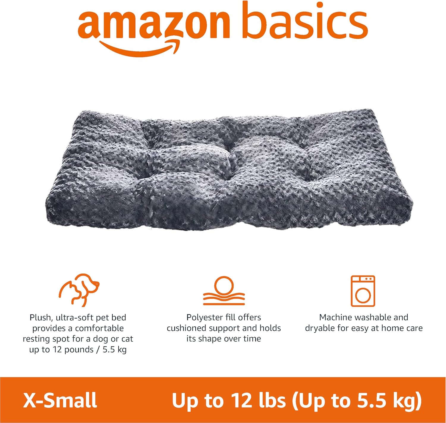 Amazon Basics Plush Pet Bed and Dog Crate Pad, X-Small, 58 X 20 X 6 Cm, Gray Swirl image number 4