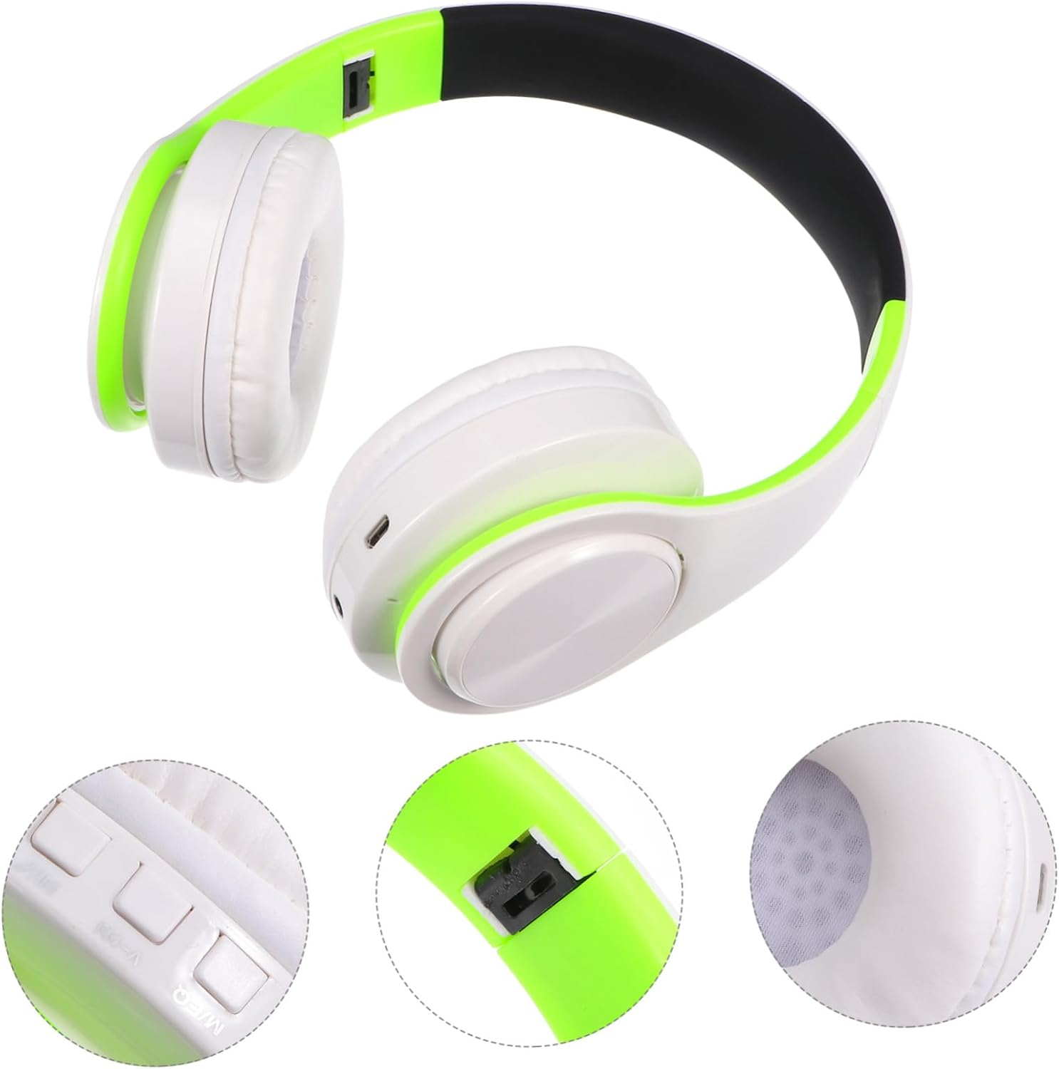 DECORNIJIA Wireless Foldable Over-Ear Stereo Headphones with Wireless Mic for PC Laptop and Mobile, Adjustable Headset for Office Work and Sports, Rechargeable Green White Wireless Headphones image number 5