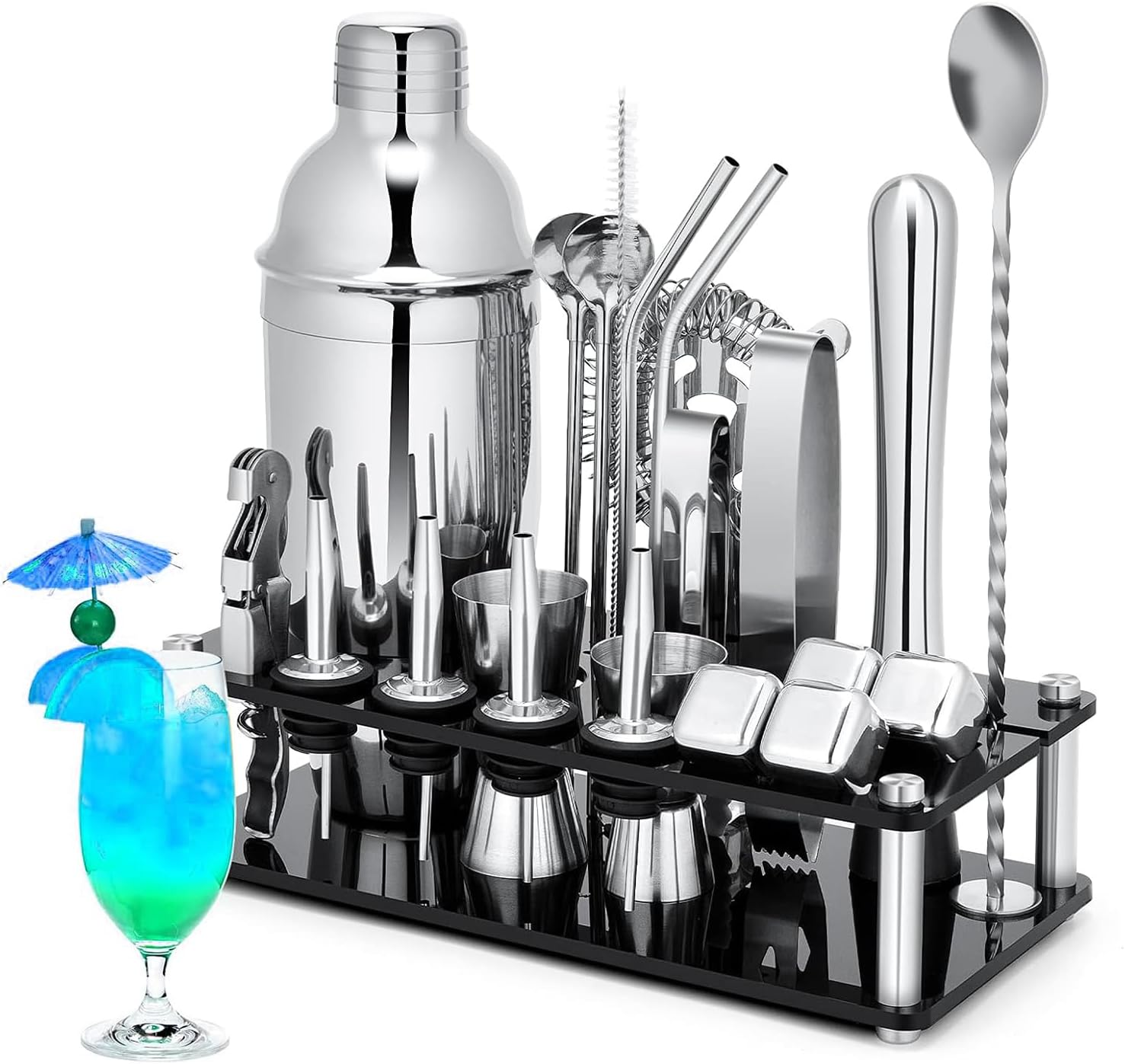 Mixology Bartender Kit Bar Set Cocktail Kit, 23PCS Cocktail Shaker Kit with Acrylic Stand for Drink Mixing, Silver Bartender Tool Kit image number 4