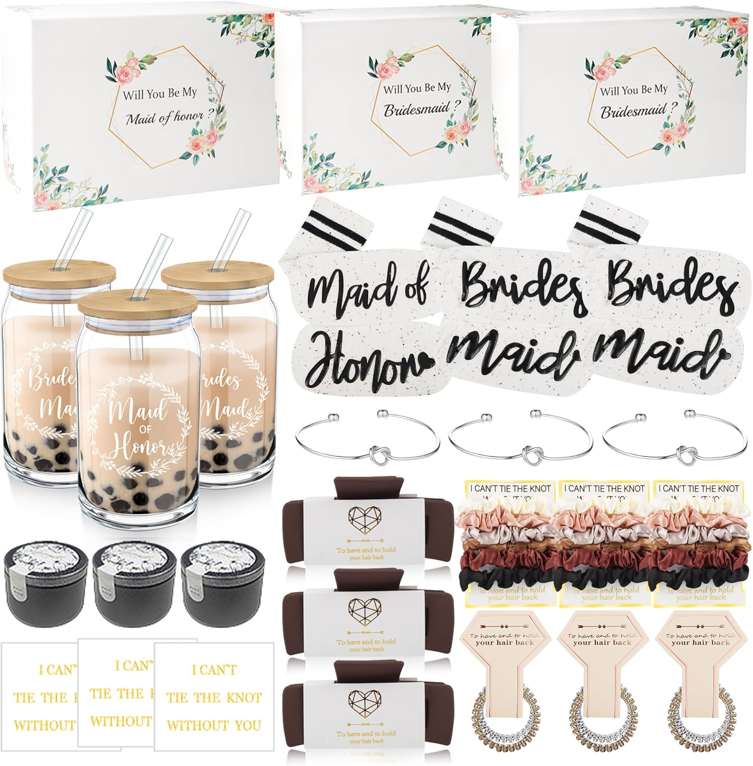 Mhoel 40Pcs Bridesmaid Proposal Box Gifts Set of 4 Will You Be My Maid of Honor Proposal Gifts Set Rectangular Hair Clips Soft Socks Scented Candle Bridesmaid Scrunchies Spiral Hair Ties Bridal Shower image number 3