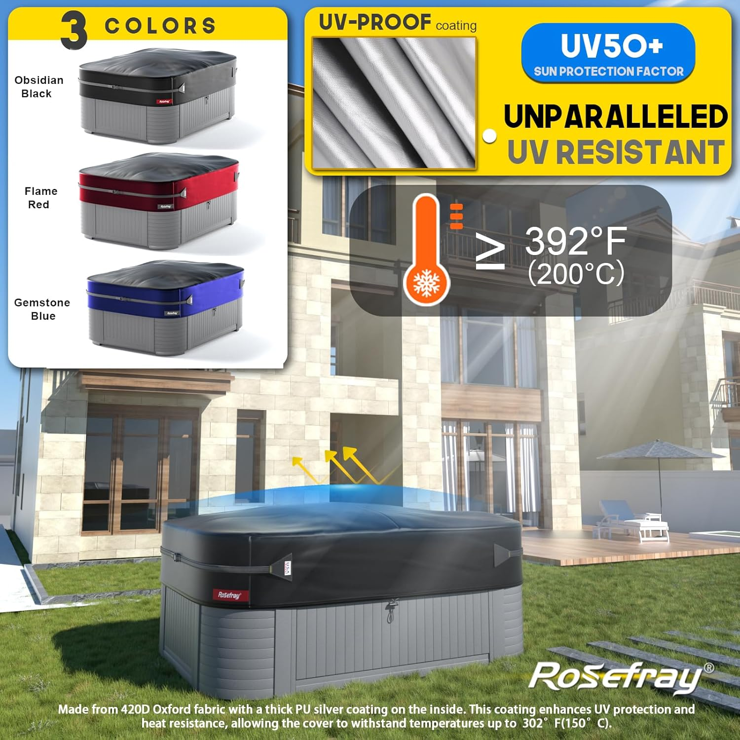 Rosefray 76"X 76" Waterproof Square Hot Tub Cover - 420D Heavy Duty Outdoor SPA Covers Windproof Black image number 5