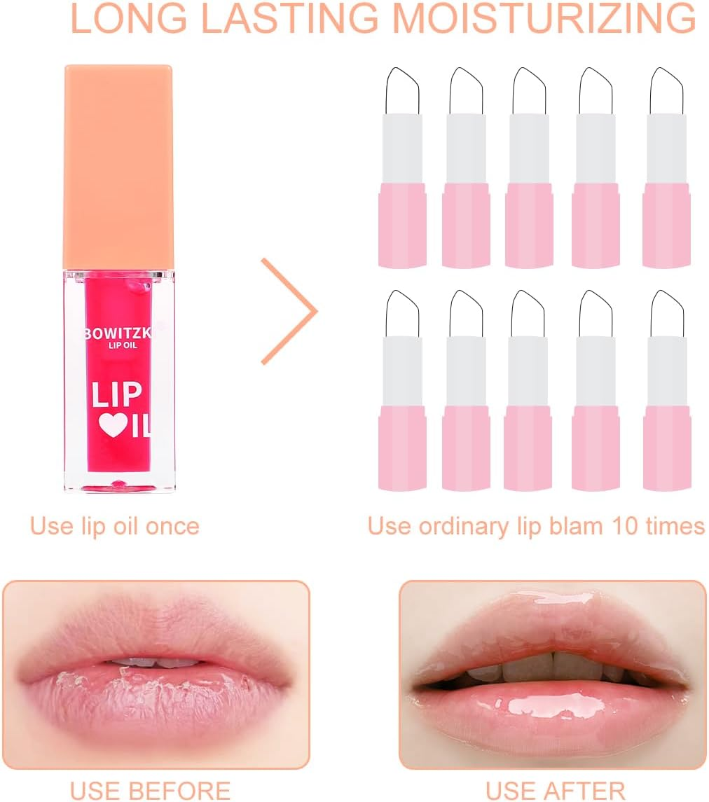 Bowitzki Color Changing Lip Oil Lip Glow Gloss Hydrating Transparent Tinted Nourishing Long Lasting Lip Balm Care Moisturizing Repairing Lightening Lip Lines Blue Lotus Tocopherol Squalane (Berry)