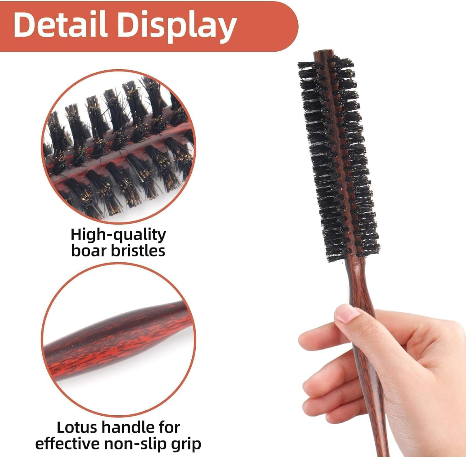 Boar Bristle round Brush, Small Hair round Brush, Portable Natural Bristles, Hair Brush, Travel Brush with Wooden Handle for Short Hair, Thin Long Hair, Mini Beard Brush for Men and Women image number 6
