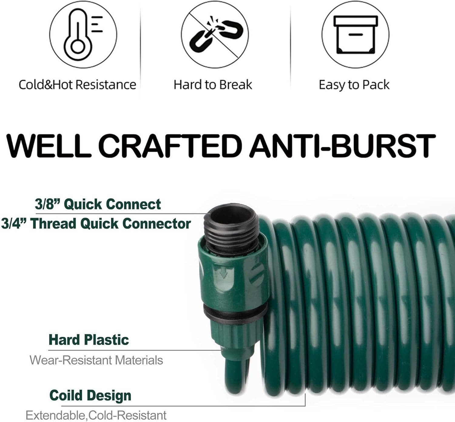 EVA Recoil Garden Hose 25 FT with Nipple QD Fittings, Female and Male Thlightweight and Corrosion Resistant, Retractable Water Hose for Outdoors, Yard, Boats, Car Washing (25FT, Green) image number 3