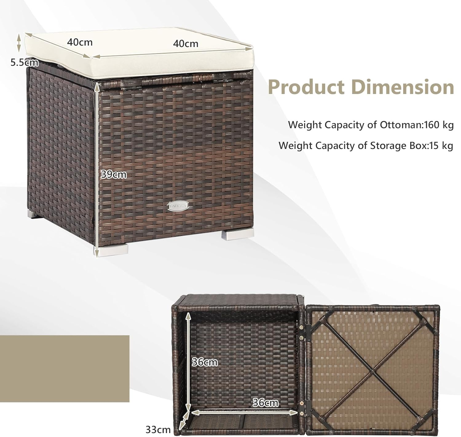 Costway 2-Pieces Patio Ottomans, Outdoor Hand-Woven PE Rattan Side Table W/Removable Cushion & Hidden Storage Space, Footrest, Storage Box, Seat for Patio, Backyard, Poolside (White (Cushion)) image number 1