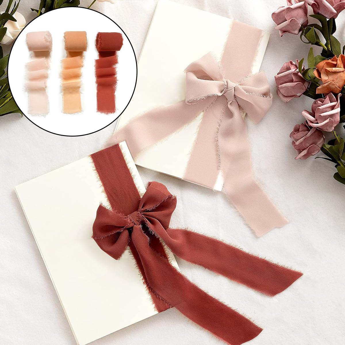 Chiffon Ribbons, 3 Rolls Handmade Fabric Chiffon for Wedding Invitation, Flower, Bouquet, Gift Wrapping, DIY Crafts (4Cm X 5M/1.57In X 16Ft) image number 3