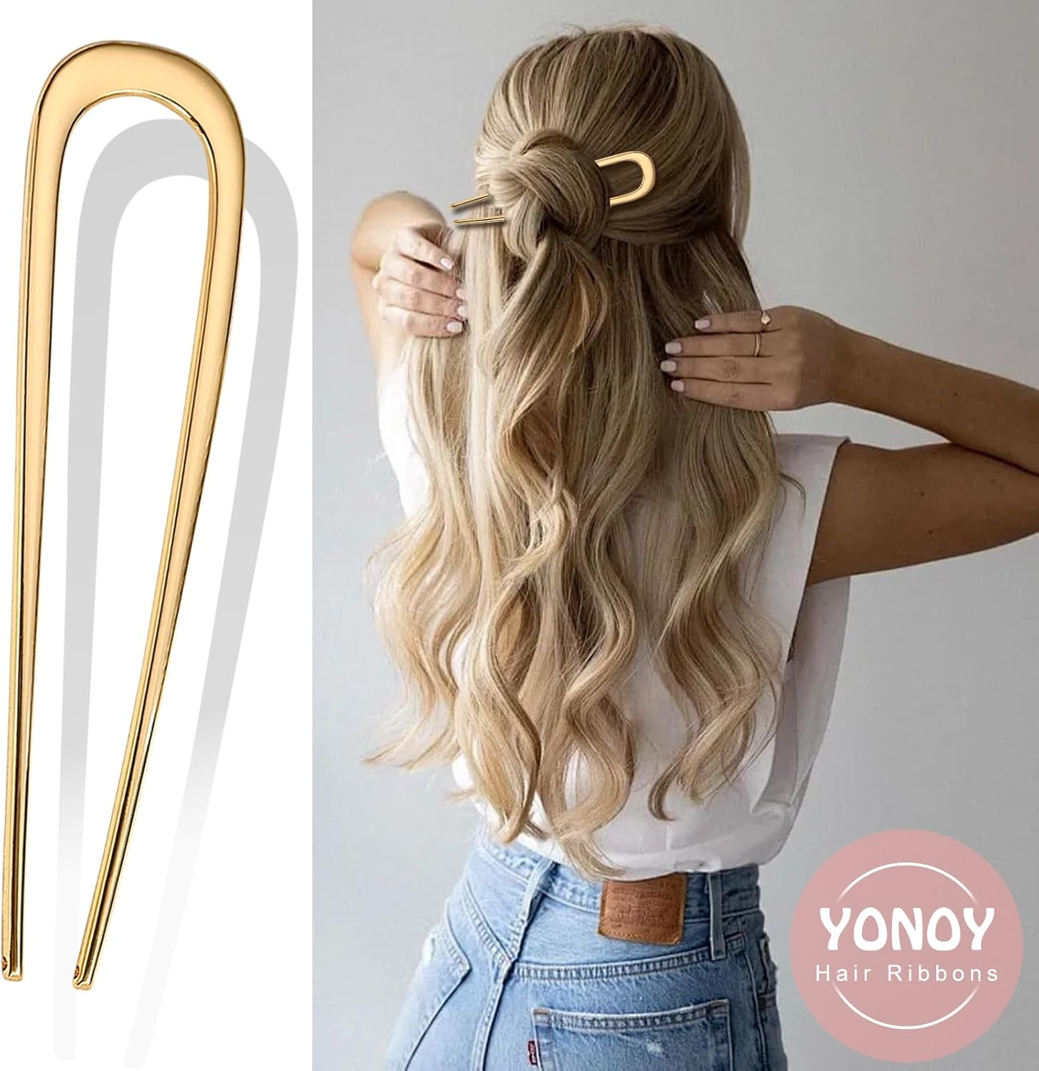 YONOY 3Pcs Metal French Hair Pins,U-Shaped Long Chignon 2 Prong Sticks for Buns, French Twist Hair Pin, Hair Sticks, Hair Fork(Black, Gold, Silver) image number 5