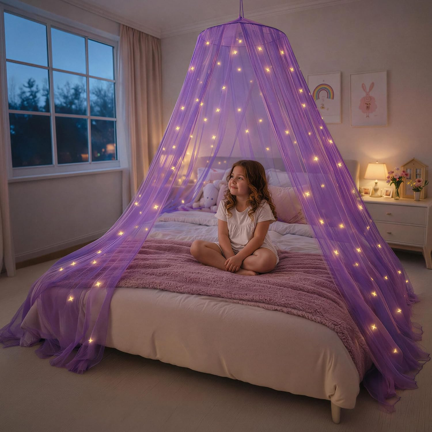 Bollepo Pink Bed Canopy for Girls with Glowing Stars - Canopy Bed Curtains | Fits Single, Twin, Full, Queen Size Kids Bed, Princess Netting Room Decor, Ceiling Tent to Cover Toddler, Canopy for Bed
