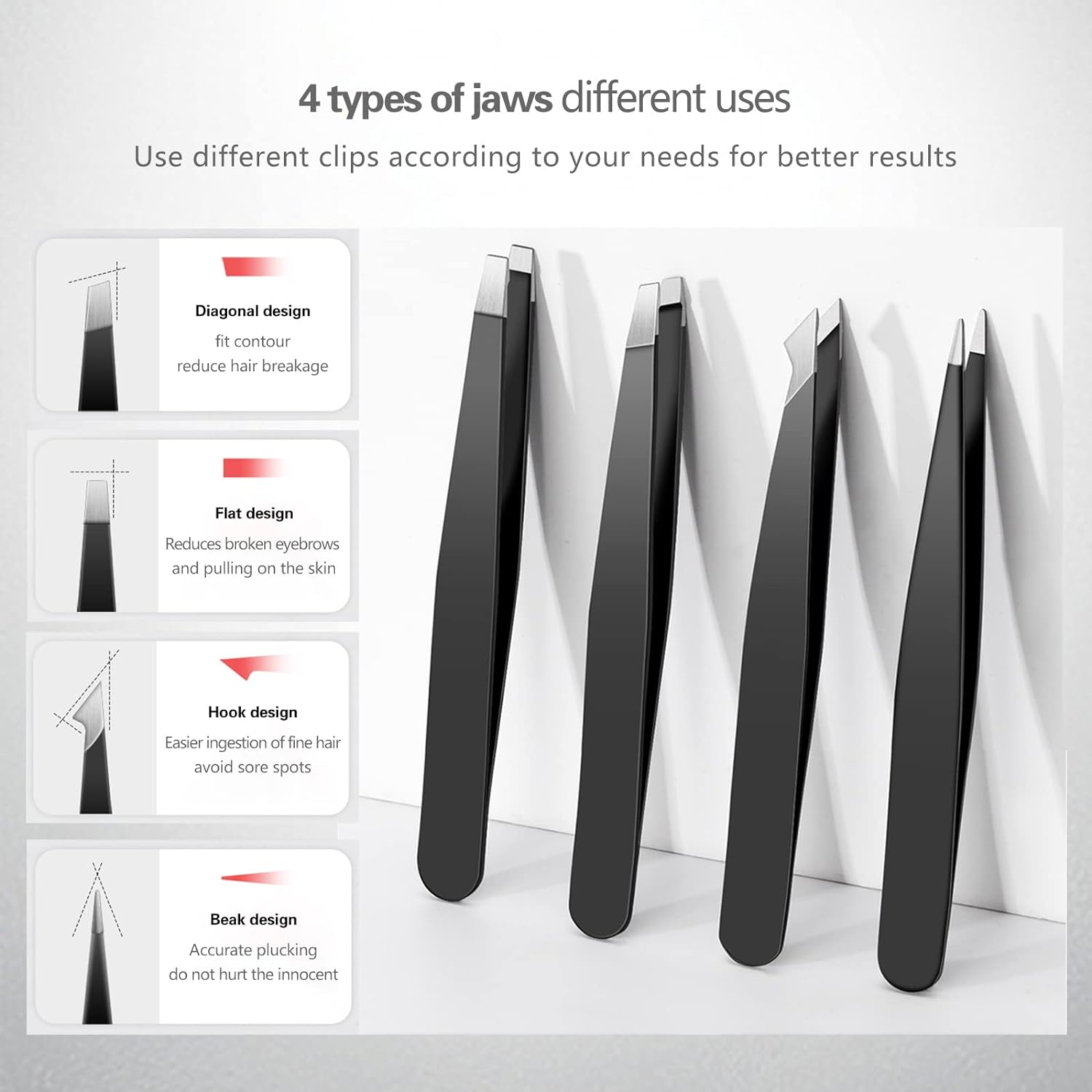 Tweezers Set, High Precision Stainless Steel Eyebrow Tweezers for Facial Hair, Inward Growing Hair and Splinter Remover Kit, Suitable for Women and Men, 4-Piece Set. (Black) image number 2