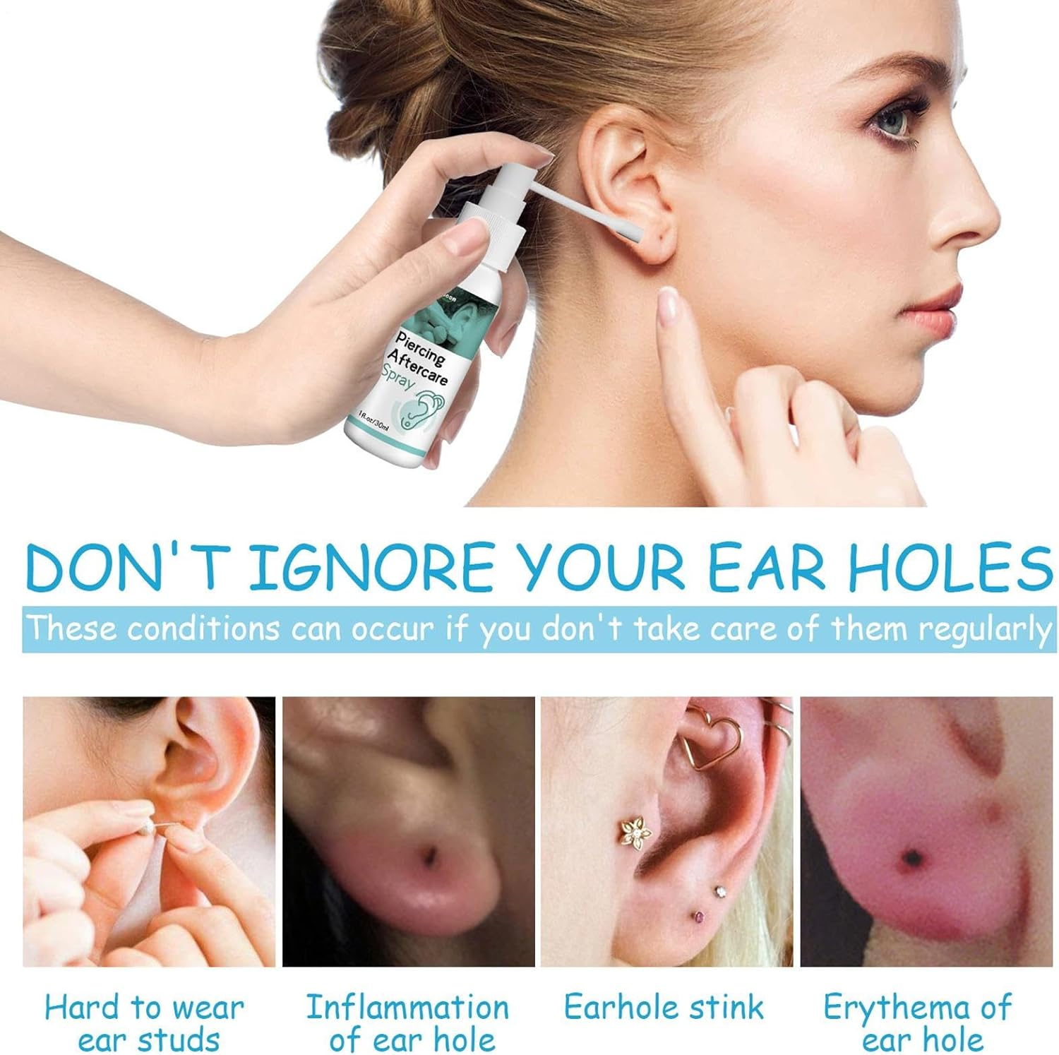 Piercing Aftercare Spray, Earring Cleaning Solution, Gentle Ear Hole Cleaner for Ear Piercing Solution, Cleansing Care, Soothing Mist, Shrink Bumps for Ears, Nose, Tongue, Navel Piercings, 30Ml image number 4