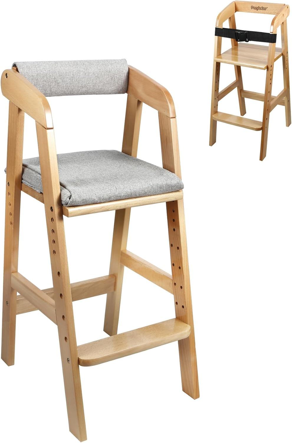 Pandaear Wooden High Chair for Toddlers, Adjustable Child Highchair Feeding Chair with Removable Cushion & Steps for Kids Dining, Eating, Studying