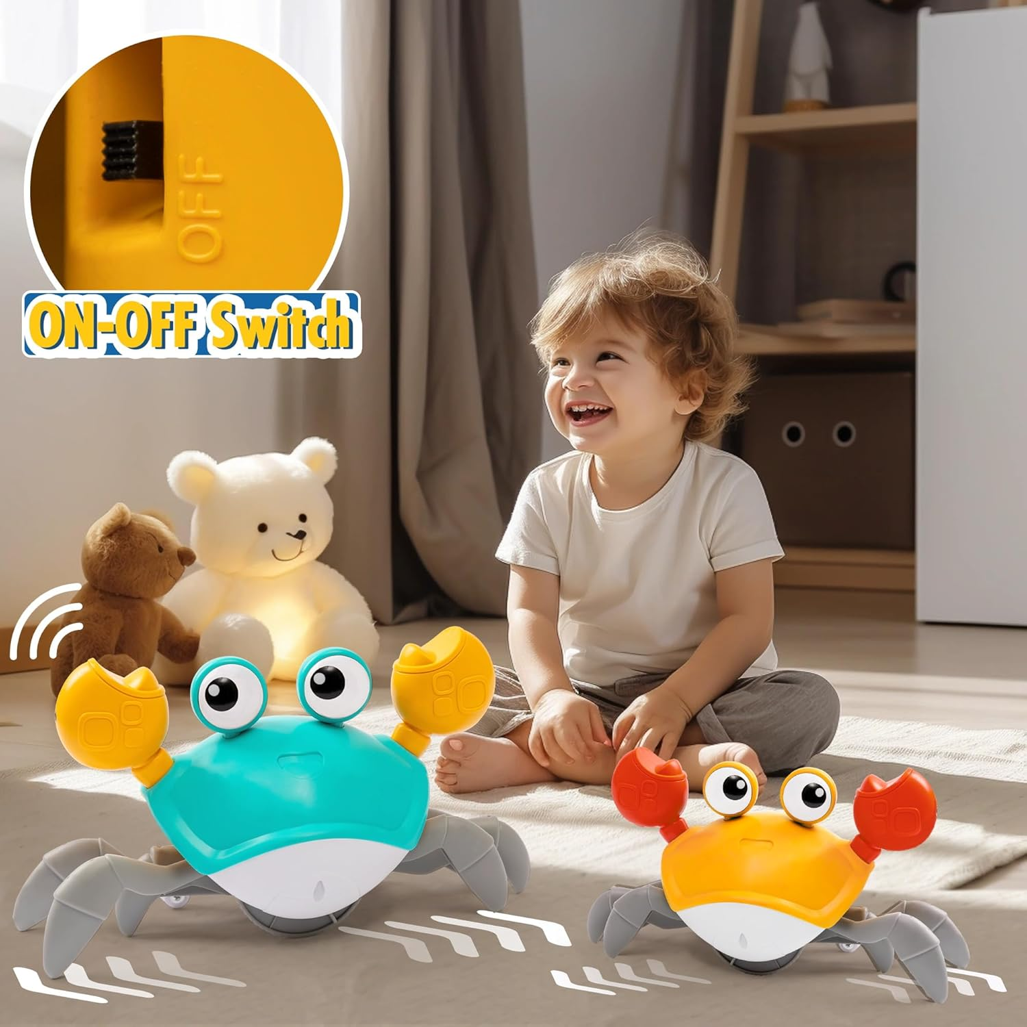 2025 New Crawling Crab Baby Toy, Rechargeable Infant Tummy Time Toys with Music, Lights, 3 Adjustable Speeds＆Silent Function,Crab Crawling Sensory Toy for Toddler, Electronic Pet for Boy Girl (Orange) - Green image number 4