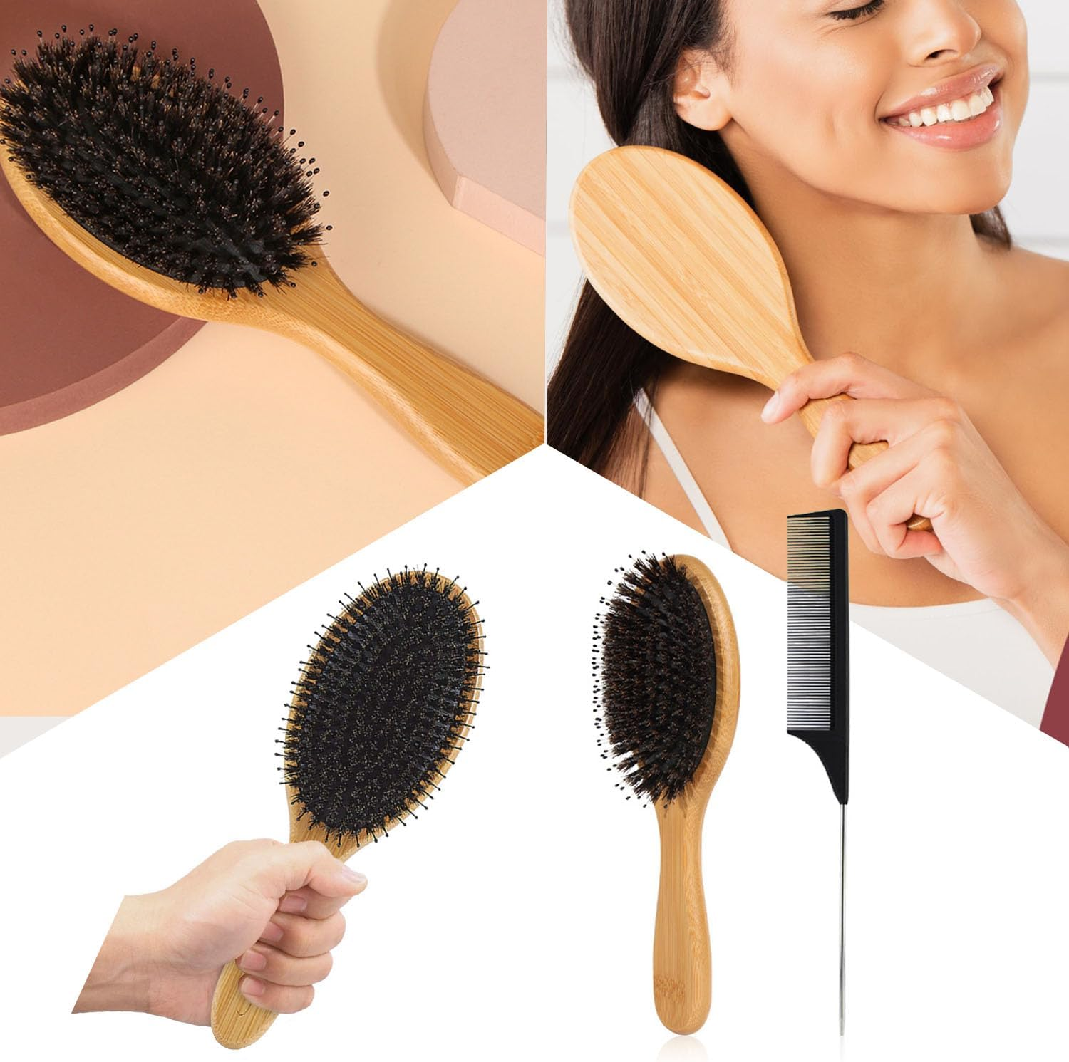Boar Bristle Hair Brush Set, Natural Massage Hair Brush, Wooden Paddle Hairbrush, Slick Backbrush for Long and Curly Hair Thick, Hairbrush Detangling Smoothing All Hair Types image number 3