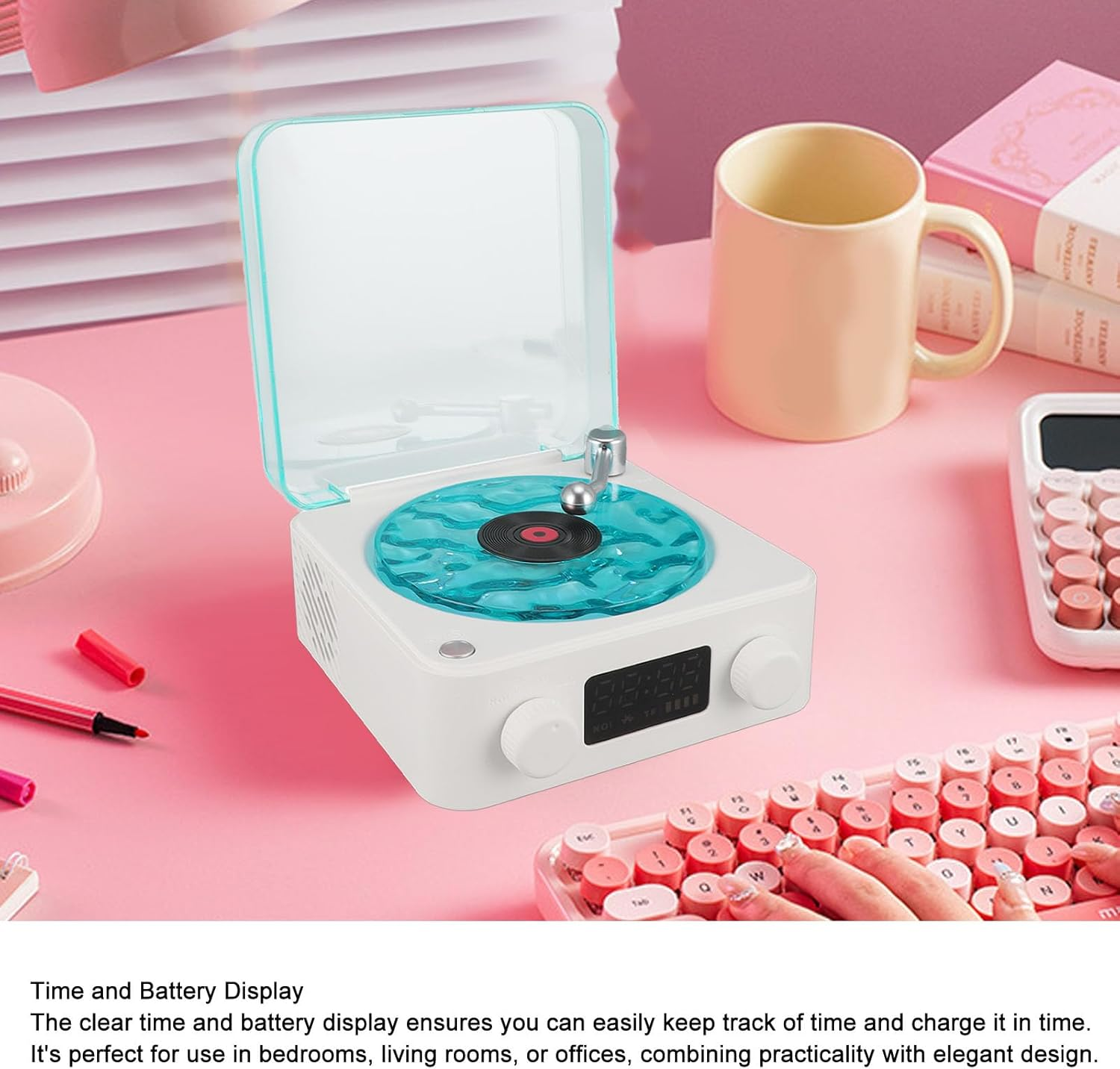 2024 Aqua Speaker, Record Player, Waves Record Player, Stylish Speaker with Night Light and Time Display, 3 in 1 Multifunction Small Stereo Speaker (White) - Pin image number 6