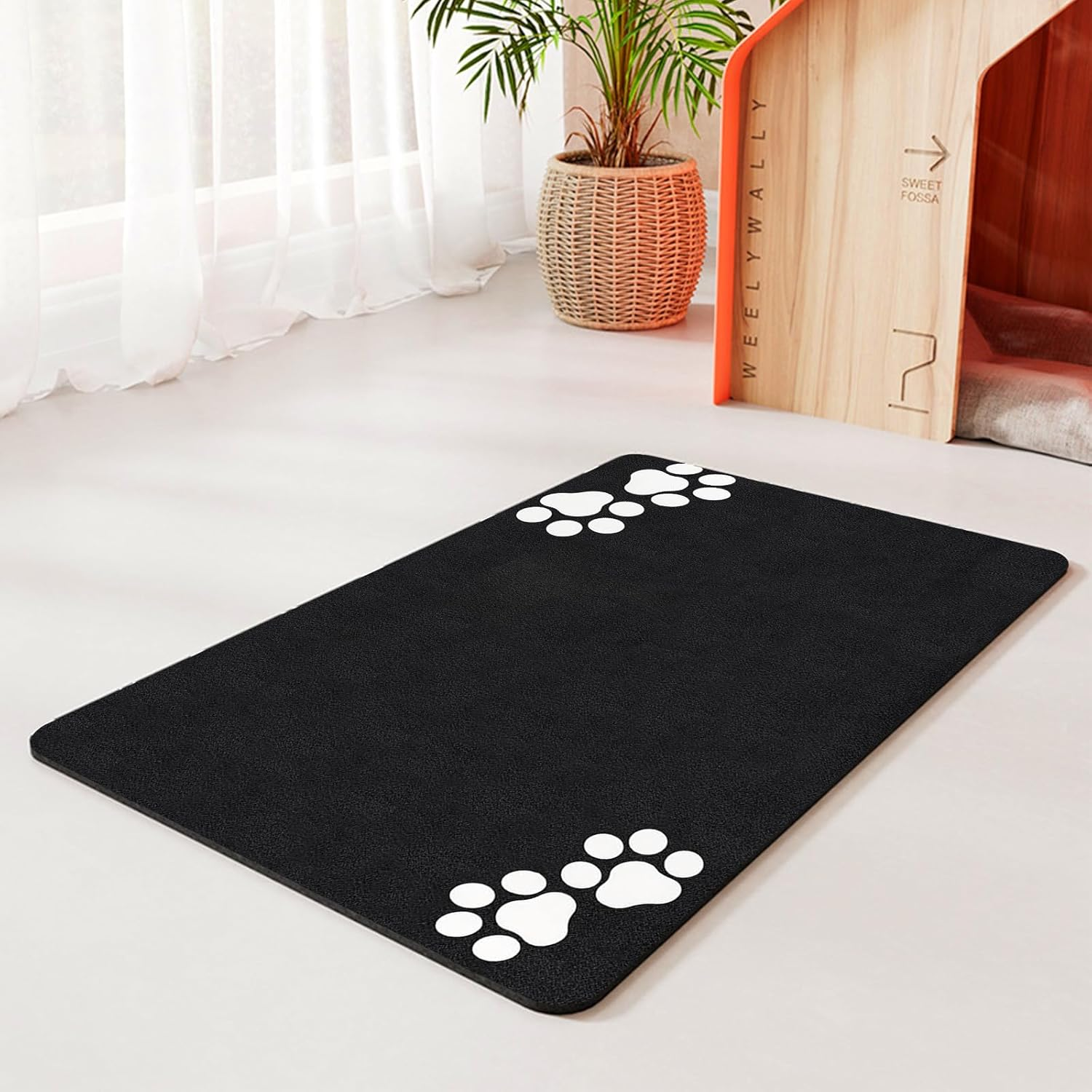 Bowl Mat Dog and Cat, Pack of 2 60 X 40 Cm Non-Slip Bowl Mat, Super Absorbent Dog Bowl Mat, Cat Feeding Mat with Paw Pattern, Waterproof Feeding Mat for Pets (Black) image number 1