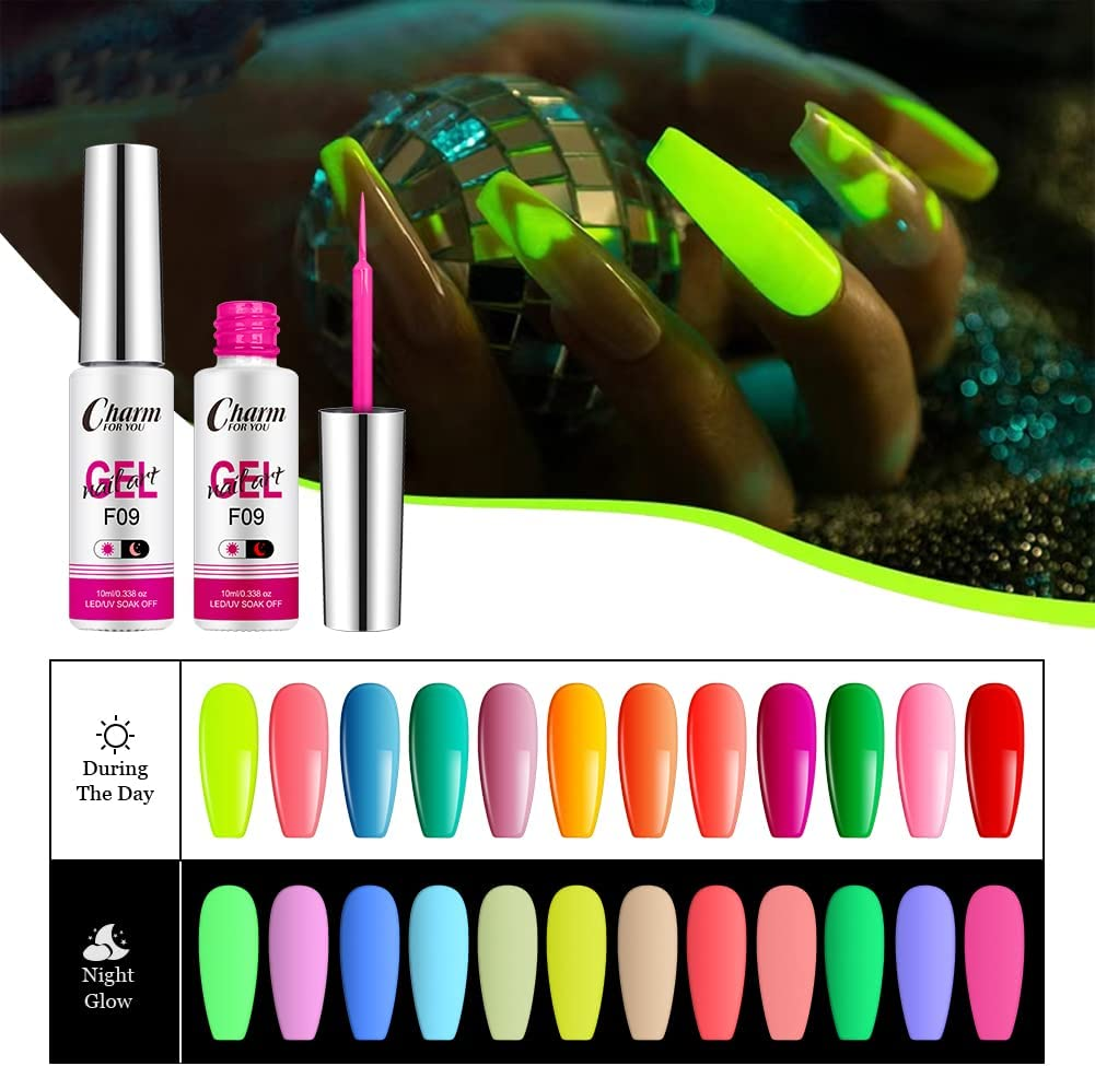 Glow in the Dark Gel Nail Polish, Neon Gel Paint Kit 12 Colors, Luminous Painting Drawing Gel Liner, Pulling Lines and DIY Nail Art, Gifts for Women image number 1