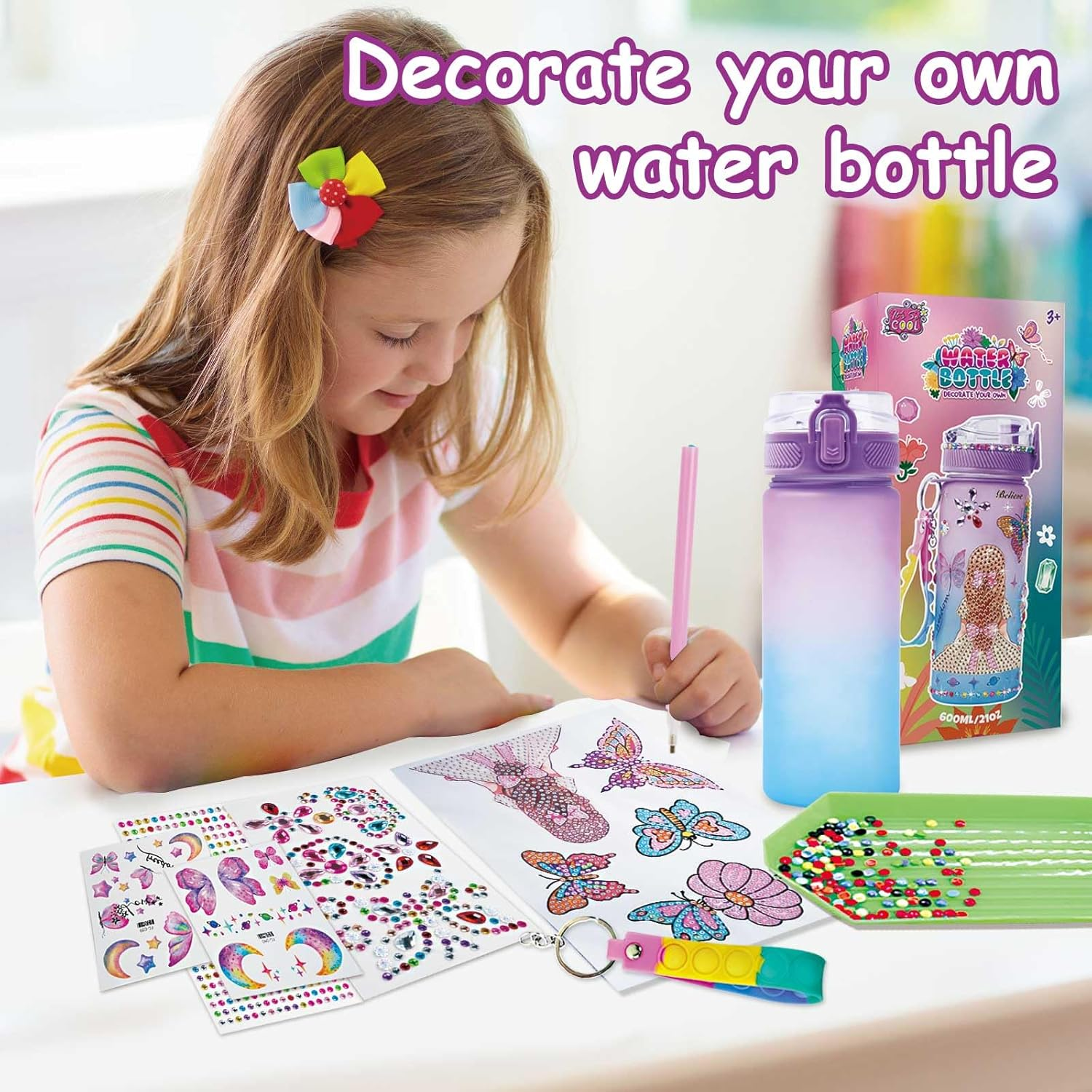 Decorate Your Own Water Bottle Kits for Girls Age 4-13, Butterfly Gem Diamond Painting Crafts, Kids Arts and Crafts Girls Gifts Toys for 3-12 Year Old Girls Birthday Gifts (Butterfly 600Ml) image number 2