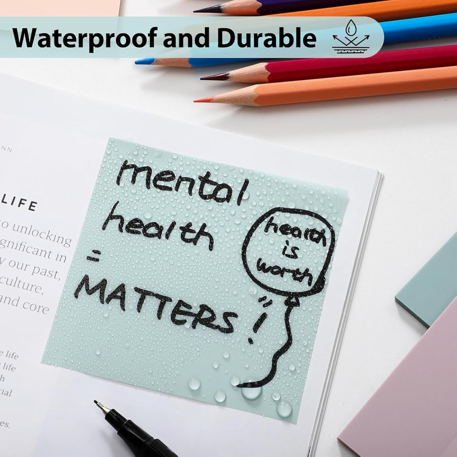 6 Pads/300 Sheets Transparent Sticky Notes in 6 Colours, 7.5Cm X 7.5Cm Clear Sticky Notes, Quality Waterproof Sticky Notes Memo Pads image number 6