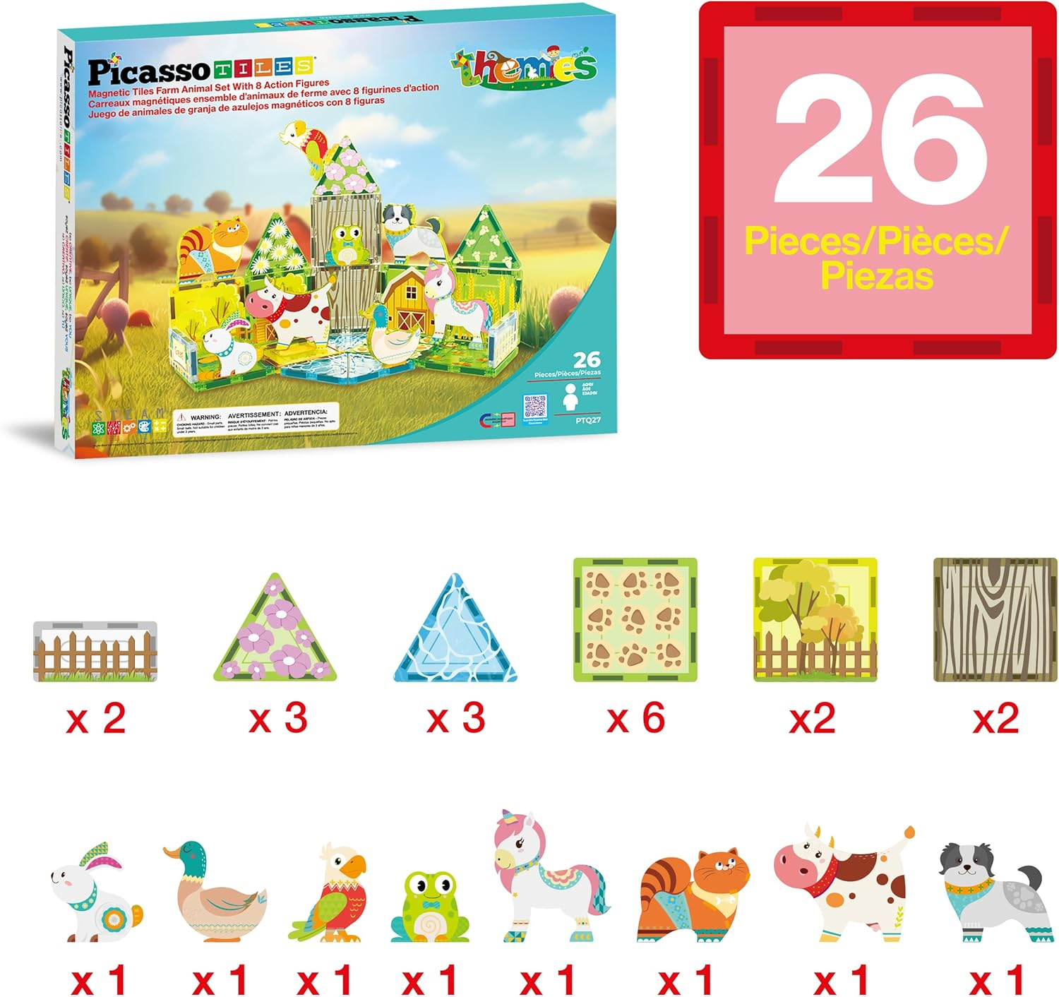 Picassotiles 26Pcs Magnetic Tiles Magnet Tile Building Blocks Printed Fall Farm Themed Animal Toy Set with 8 Farmyard Animals Character Action Figures STEM Learning Playset for Kids, Ages 3+ PTQ27 image number 5