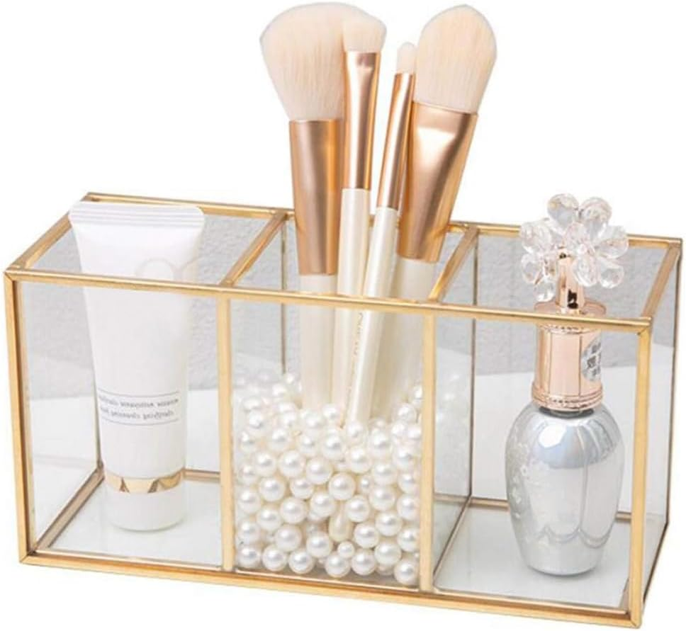 3-Section Glass Makeup Brush Holder, Gold Frame Cosmetic Organizer, Vanity Toiletries Storage Box, for Forbeauty Tool Brushes & Lipsticks