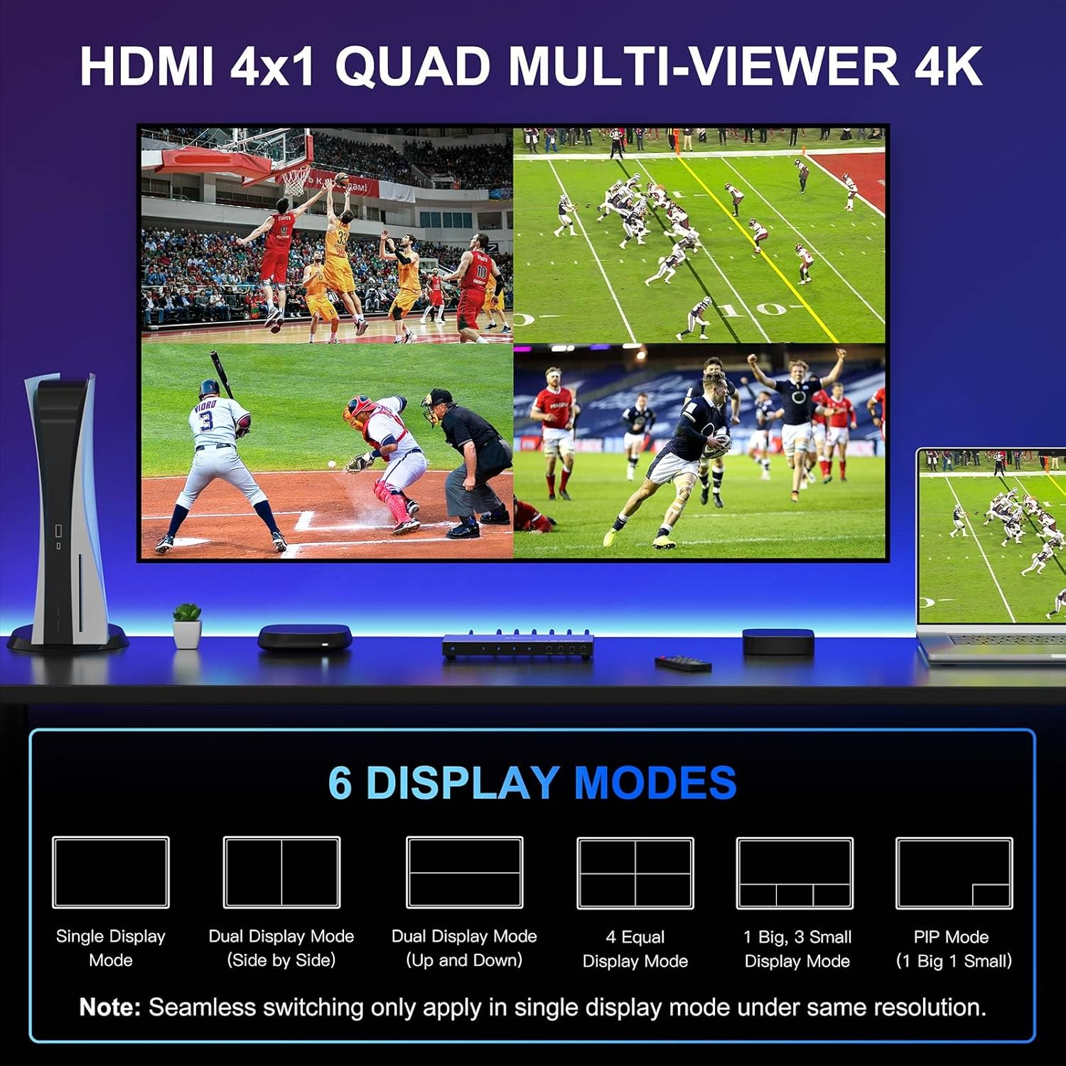 4K HDMI Multiviewer Switch 4X1 with PIP, PORTTA Quad Multi Viewer Seamless Switcher 4 in 1 Out with Toslink, 3.5Mm Audio Output Support 4K 30Hz, 6 Viewing Modes, Downscaler, Compatible with PS4 Xbox image number 2