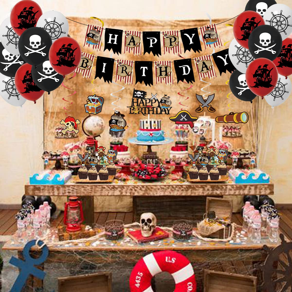 GOGOPARTY Pirate Party Decorations - Happy Birthday Pirate Theme Party Supplies, Balloons Banner Cake Toppers Hanging Swirls Birthday Sets for Adults Kids image number 6