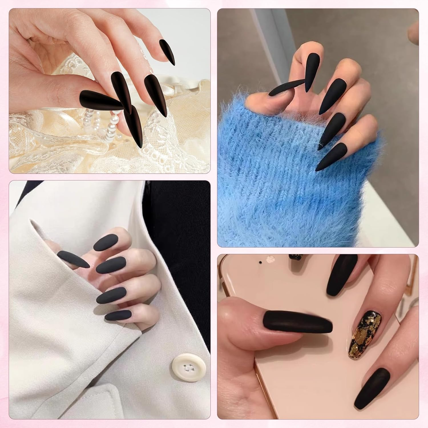 Pack of 100 Press on Nails Black, Almond Shaped False Nails, Medium Length Artificial Nail Tips, Glue on Nails for Women, Stiletto Press Ons image number 2