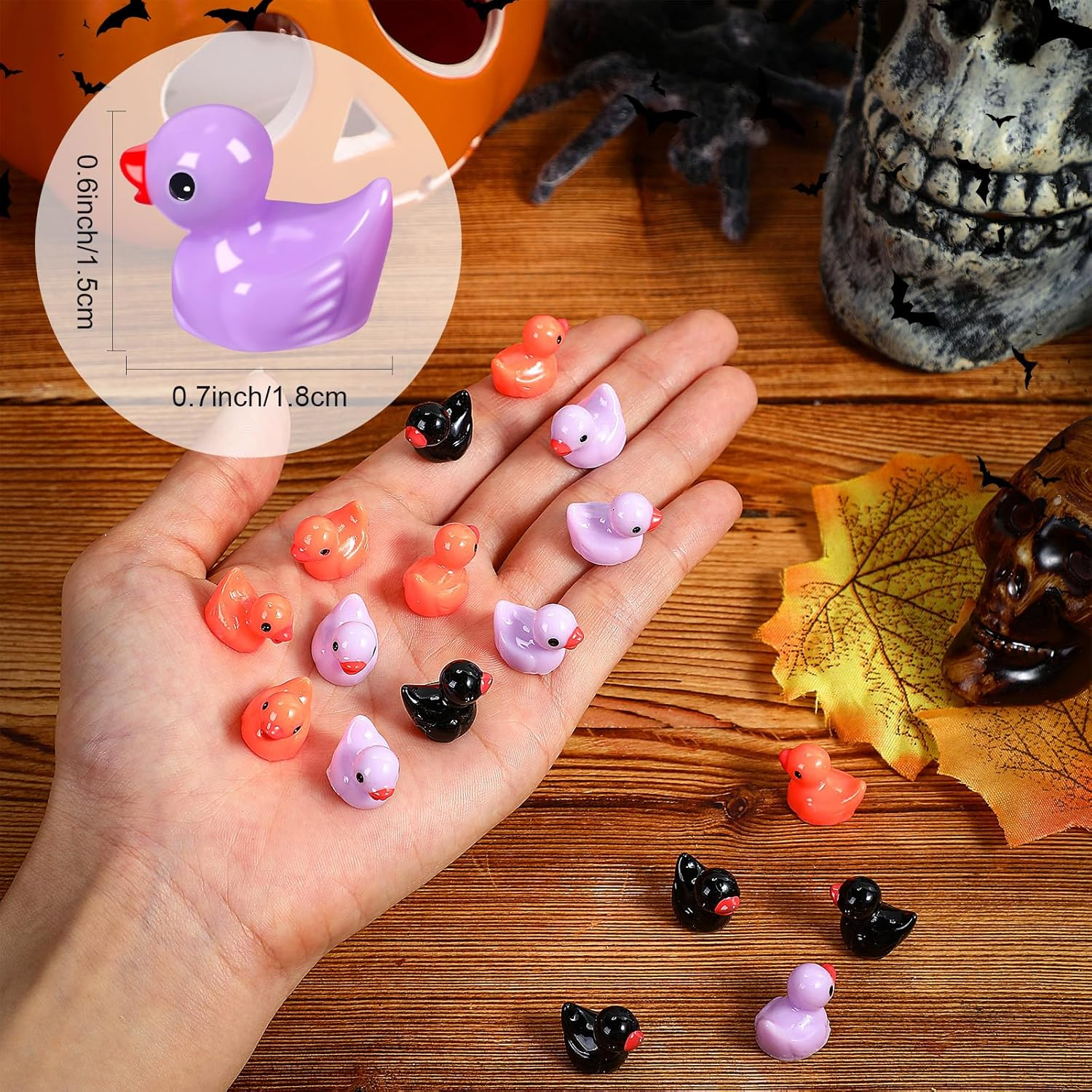 Rotatingpals 150 Pcs Halloween Mini Ducks Tiny Duck Orange Purple and Black Mini Resin Ducks for Halloween Party Toys Aquarium Potted Ornament Charms DIY Craft Accessories (Halloween Color) image number 2