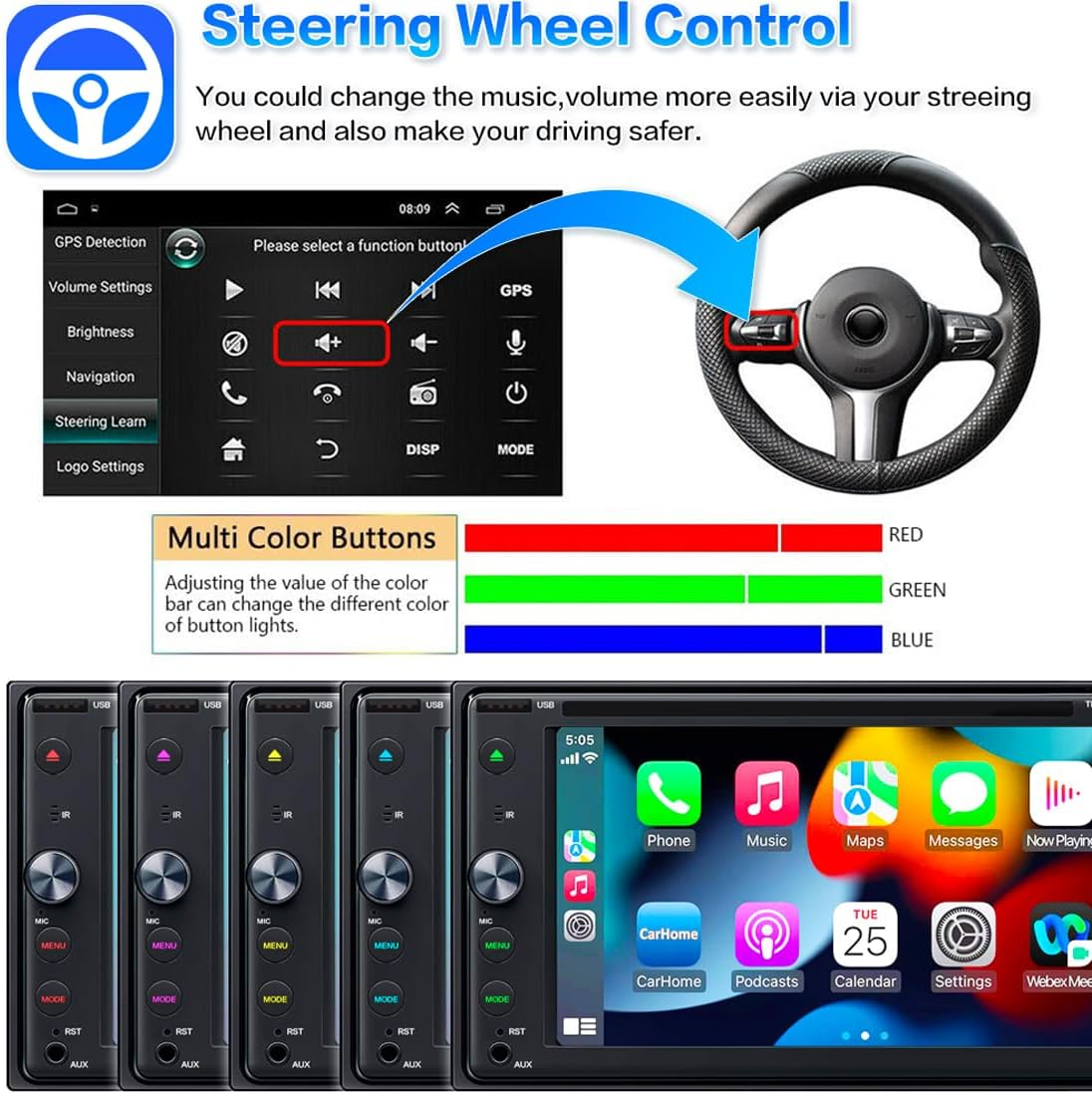 6.2 Inch Double Din Apple Carplay, Android Auto Car Stereo HD Touchscreen Bluetooth Multimedia DVD CD Radio Player, Car Play Mirror Link Car Audio Receiver RDS AM FM USB SD AUX image number 4