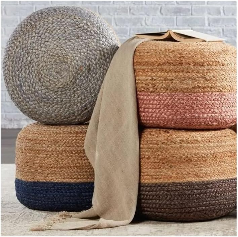 La'Grace Home Ombre Hand Braided Jute Cotton Pouf Ottoman, Jute Charcoal