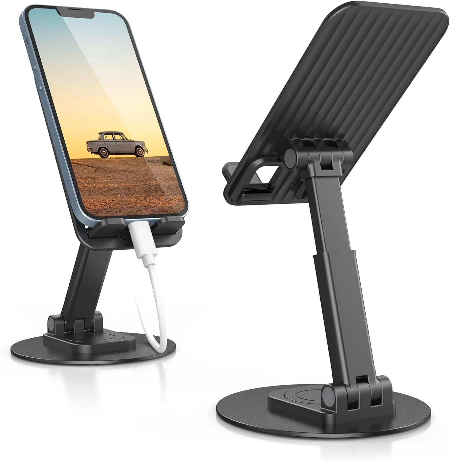 Phone Stand, Fully Foldable Angle Height Adjustable Phone Tablet Holder Stand Dock with 360&deg;Rotating Base, Cellphone Cradle Desktop Dock for Iphone 15 14 Pro Max, 13 12, 4-8 Smartphone & Tablet