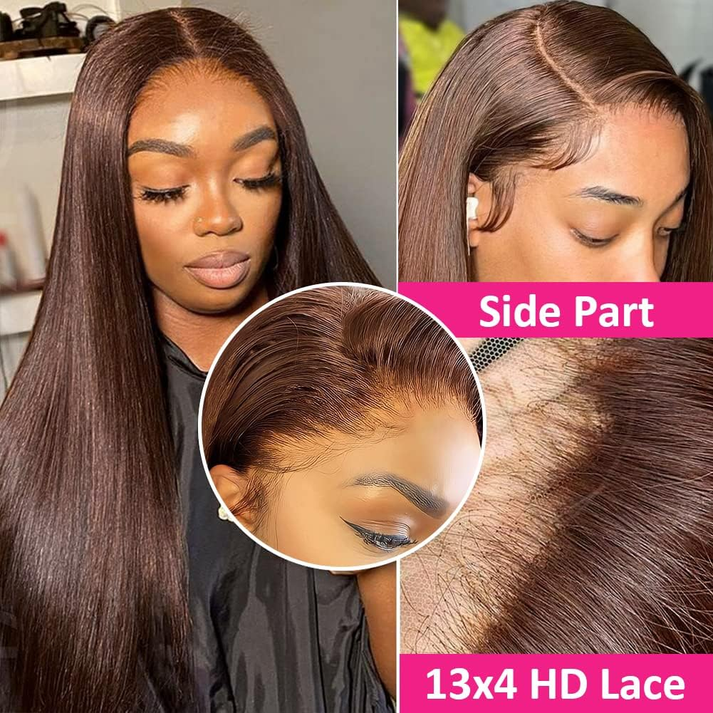 Hermosa 13X4 Brown Lace Front Wigs Human Hair with Baby Hair 180 Density Straight Lace Frontal Human Hair Wigs Pre Plucked Hairline 4# Brown Color 28 Inch